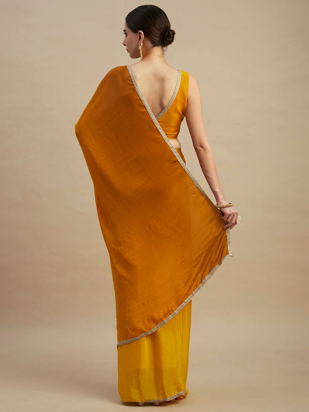 Mustard Chinon Party Wear Saree With Embroidery Sequins Work