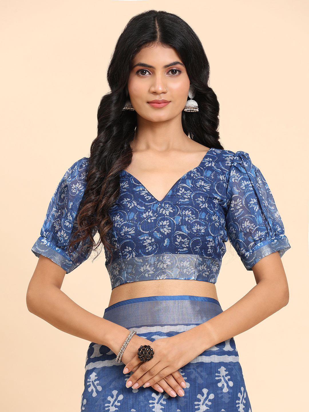 Indigo Blue Linen Printed Ethnic Saree