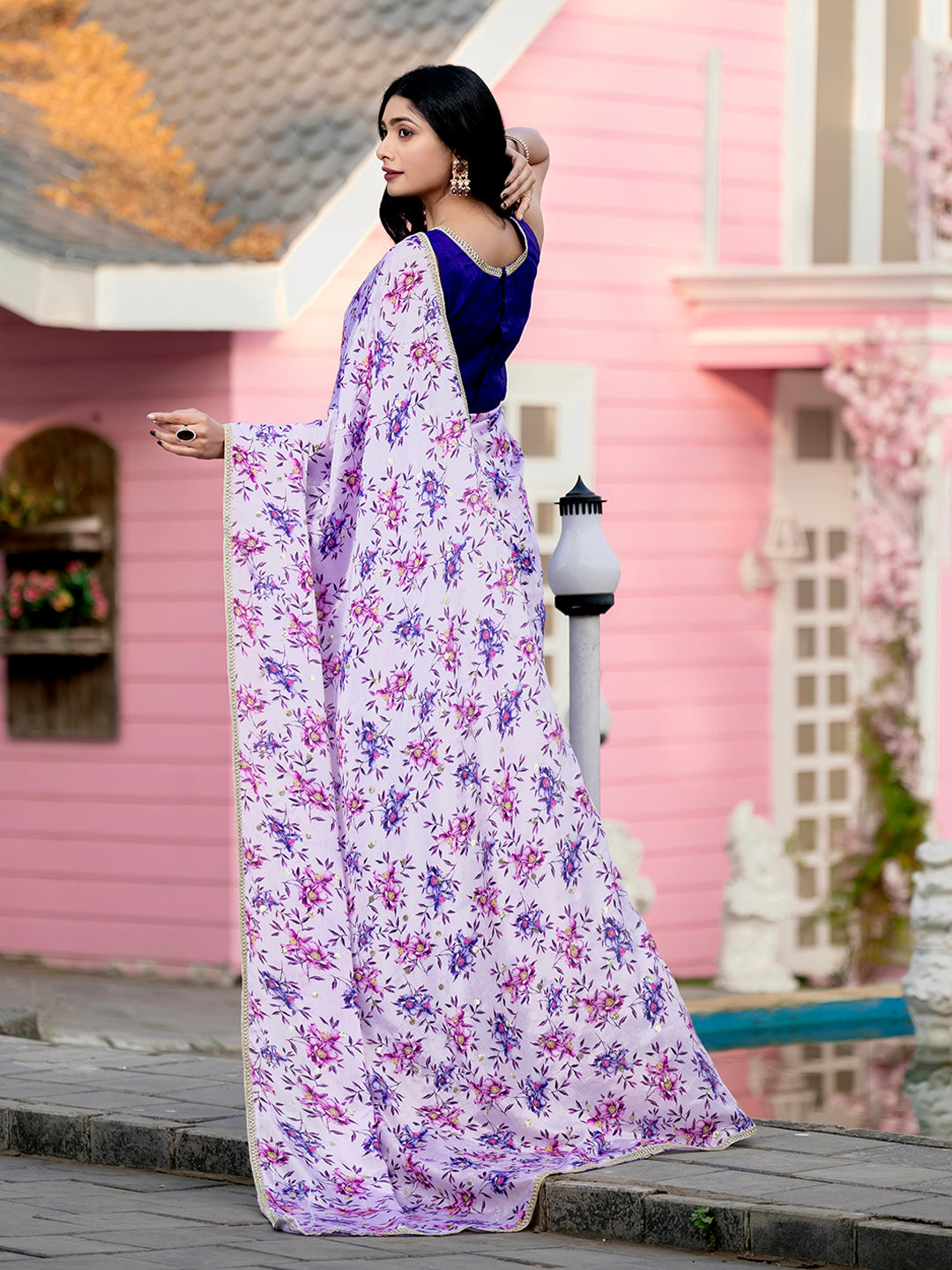 Lilac Silk Blend Printed Designer Saree For Women
