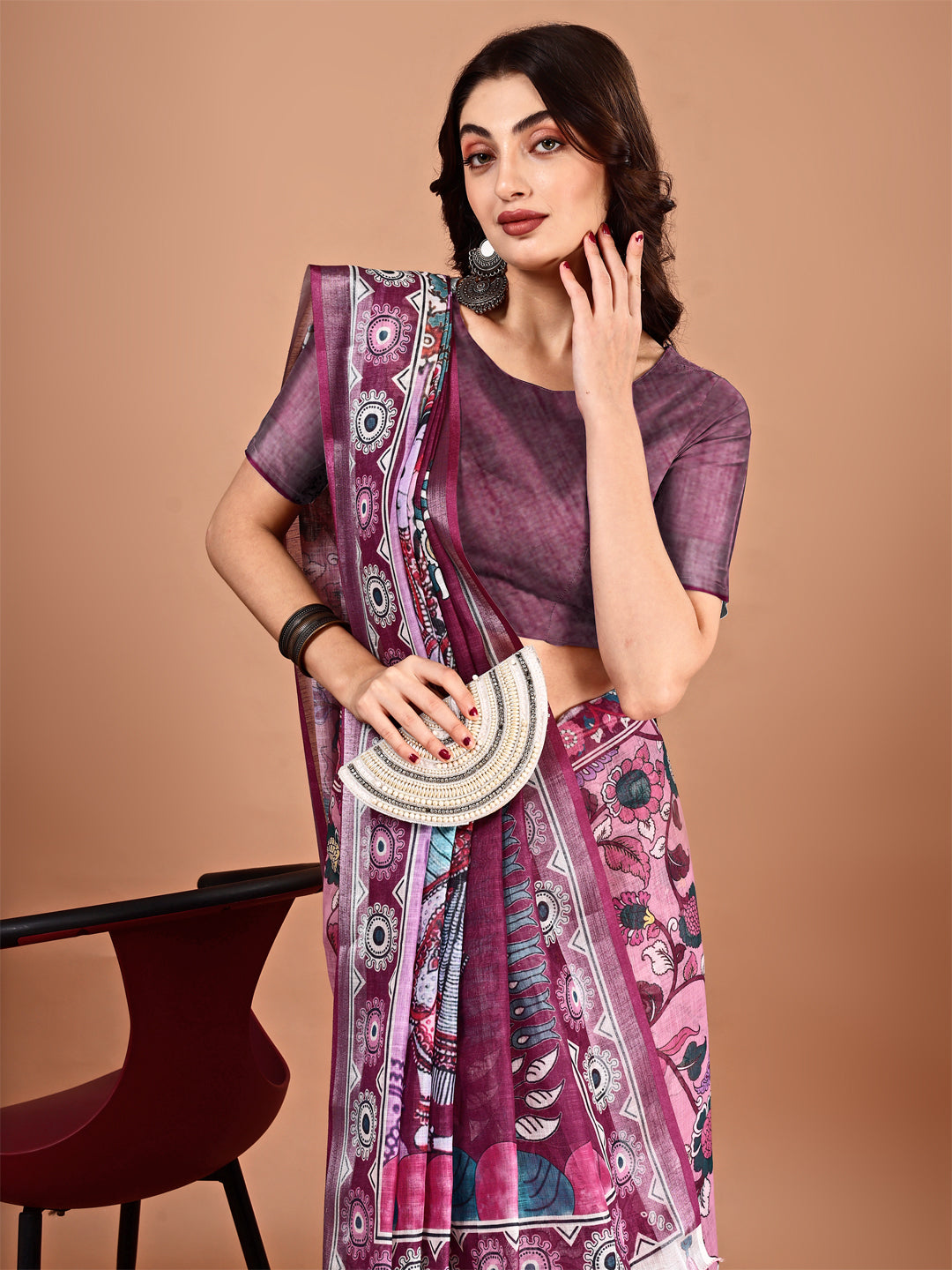 Magenta Linen Designer Printed Saree