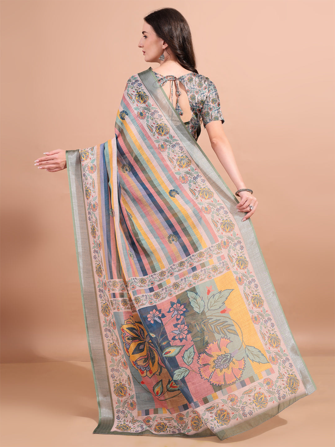 Multicolour Linen Printed Trendy Saree