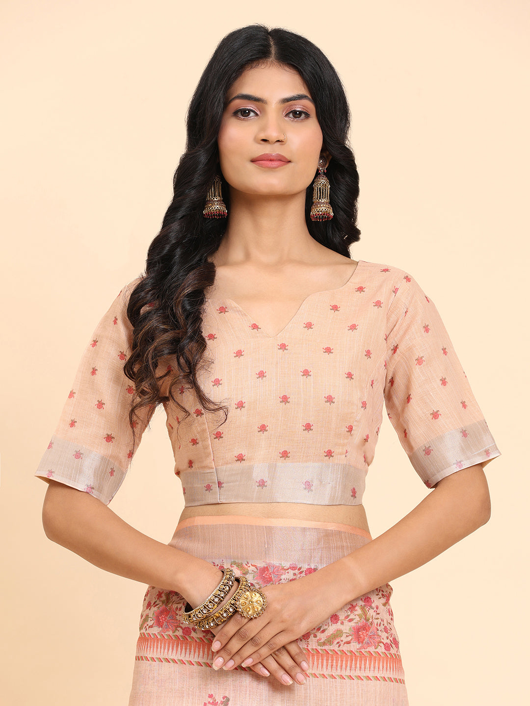 Peach Linen Soft Printed Saree For Women