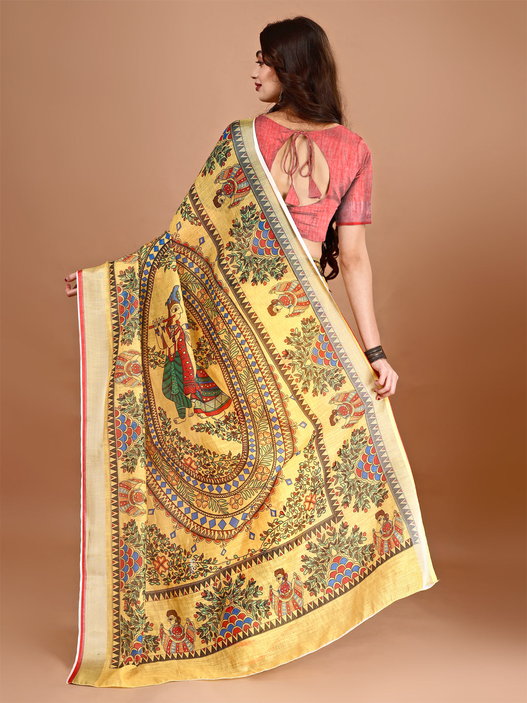 Yellow Linen Premium Printed Saree