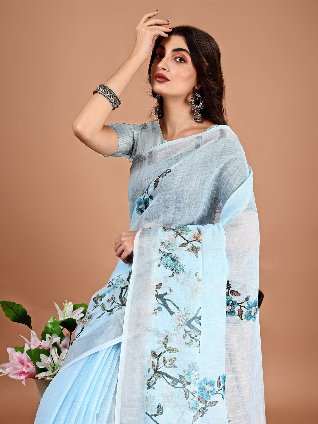 Blue Linen Casual Printed Saree