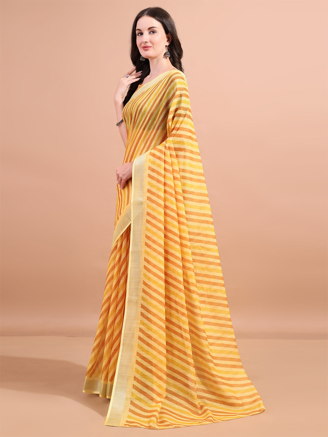 Yellow Linen Designer Printed Saree For Women