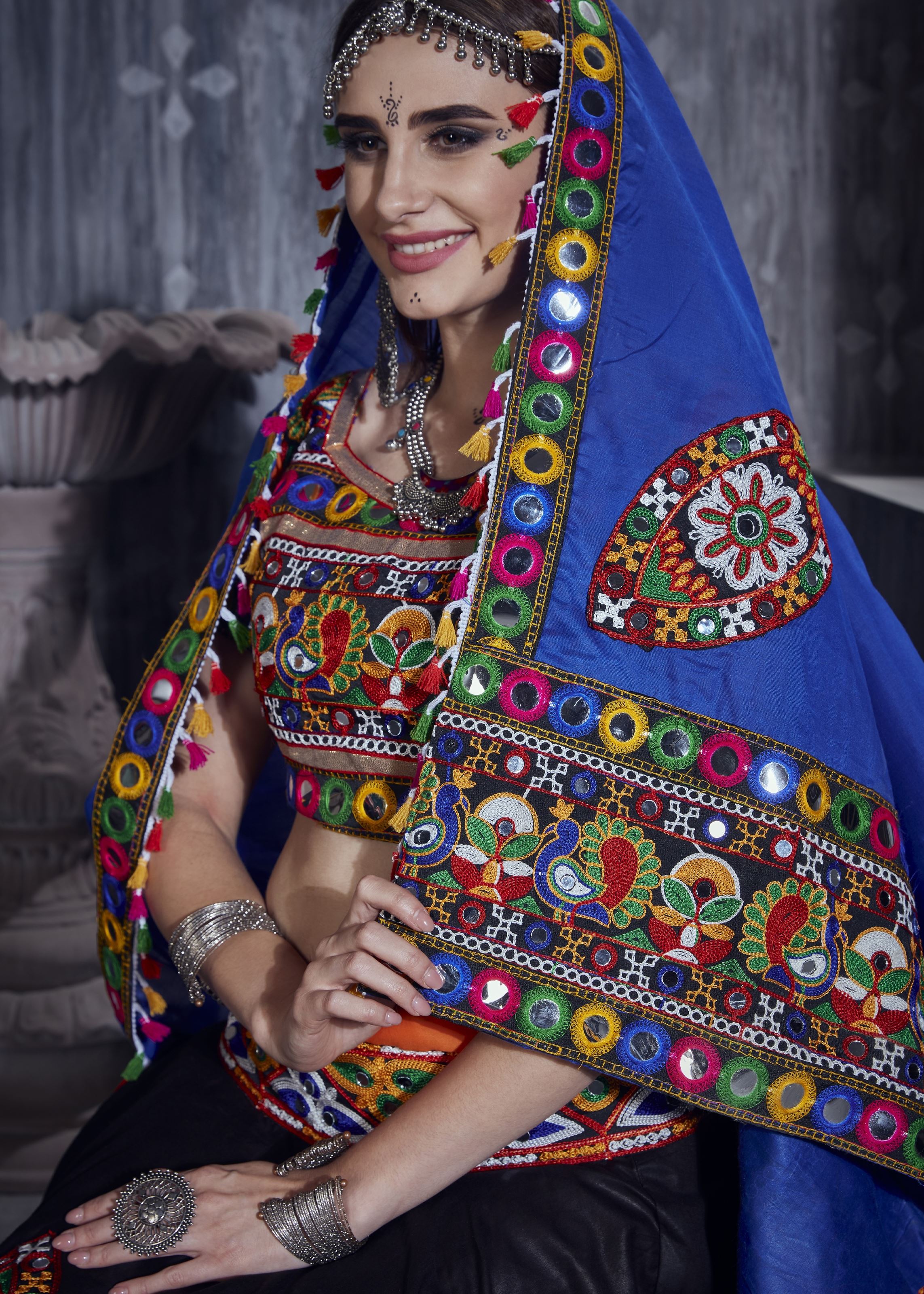 Orange And Black Navratri Chaniya Choli With Gamthi Work And Lace Work With Mirror