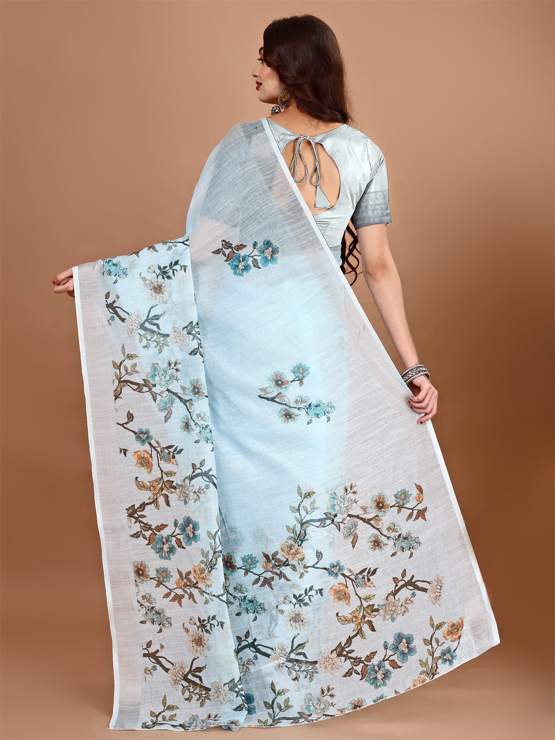 Blue Linen Casual Printed Saree
