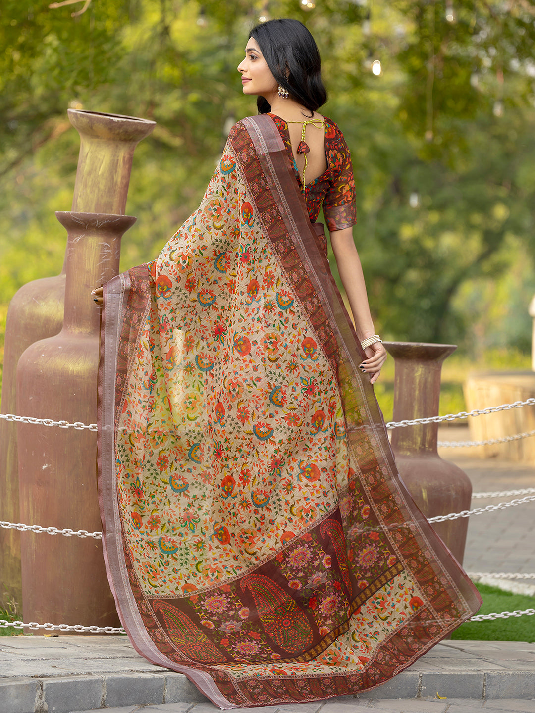 Brown Linen Traditional Printed Saree