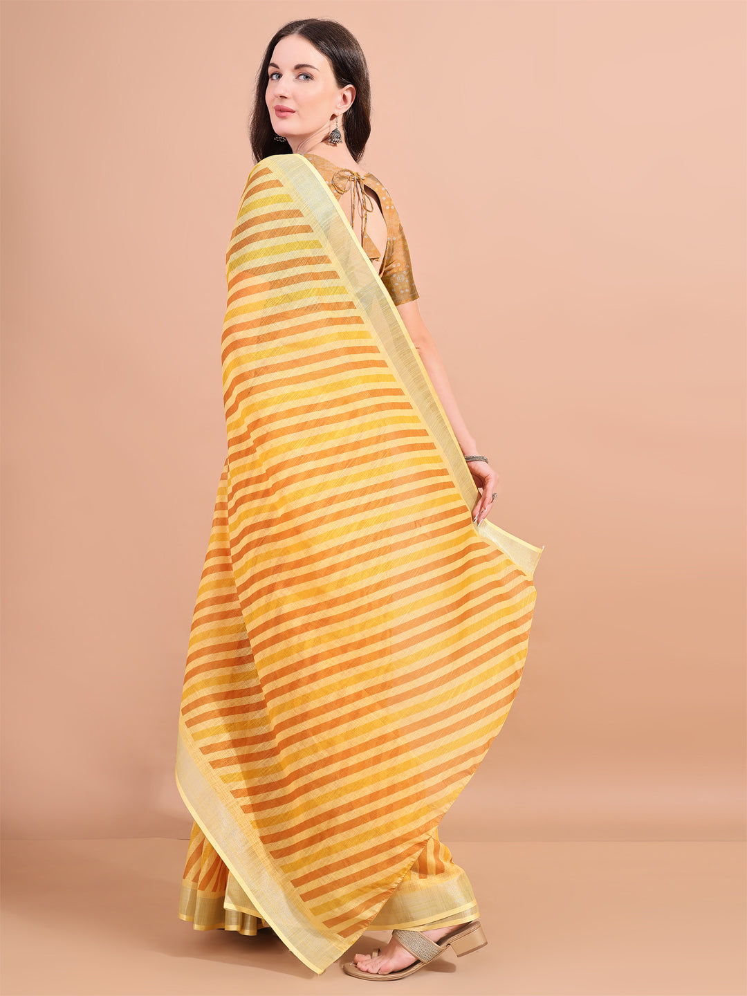 Yellow Linen Designer Printed Saree For Women