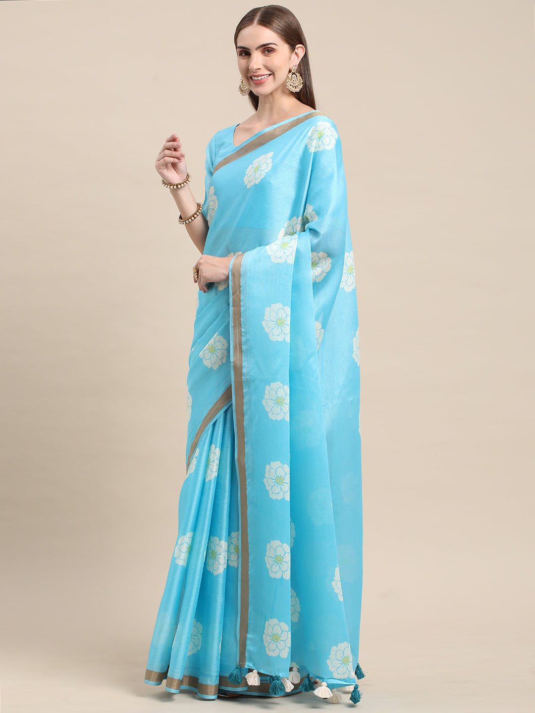Sky Blue Linen Printed Office Wear Saree
