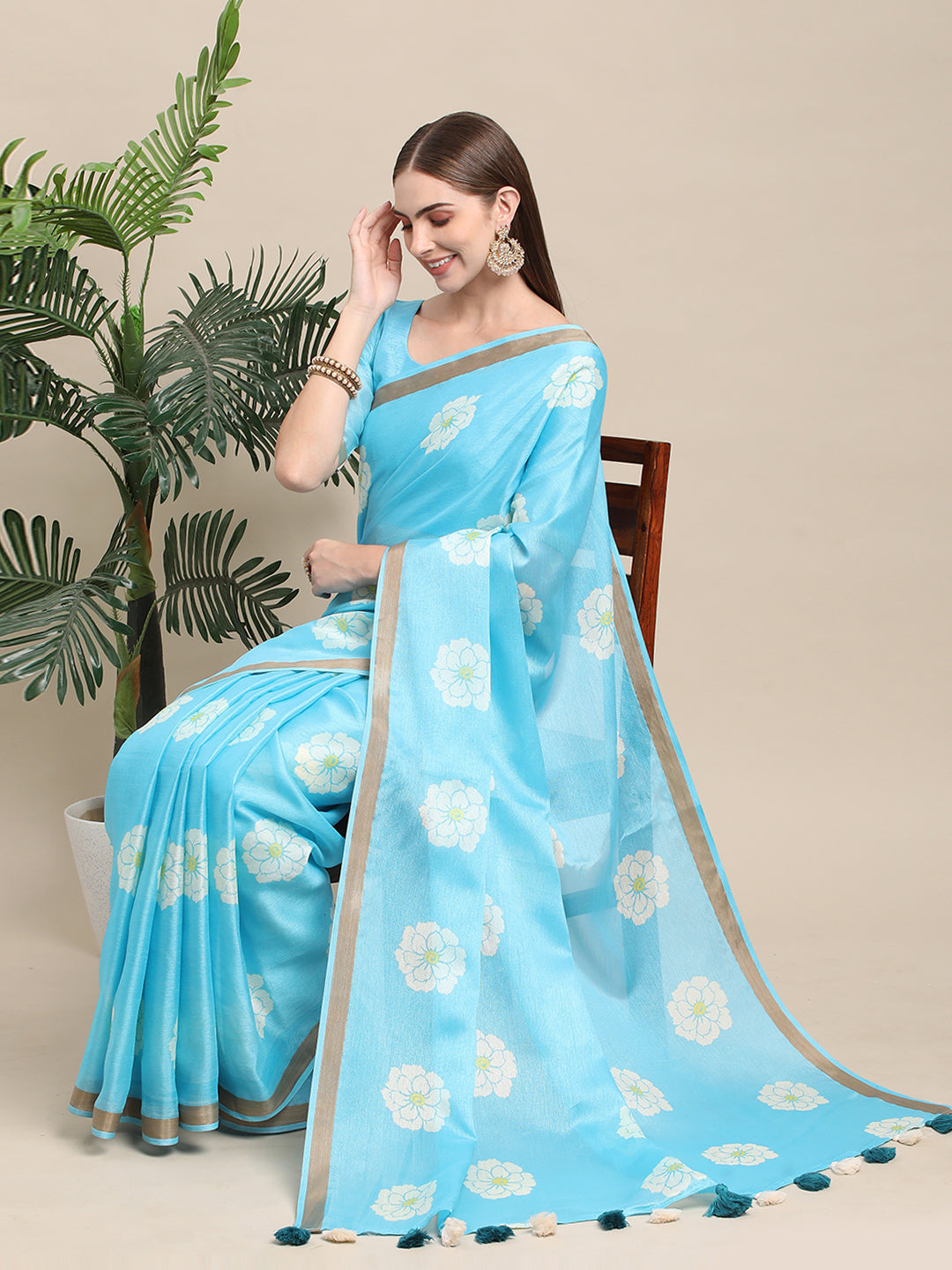 Sky Blue Linen Printed Office Wear Saree