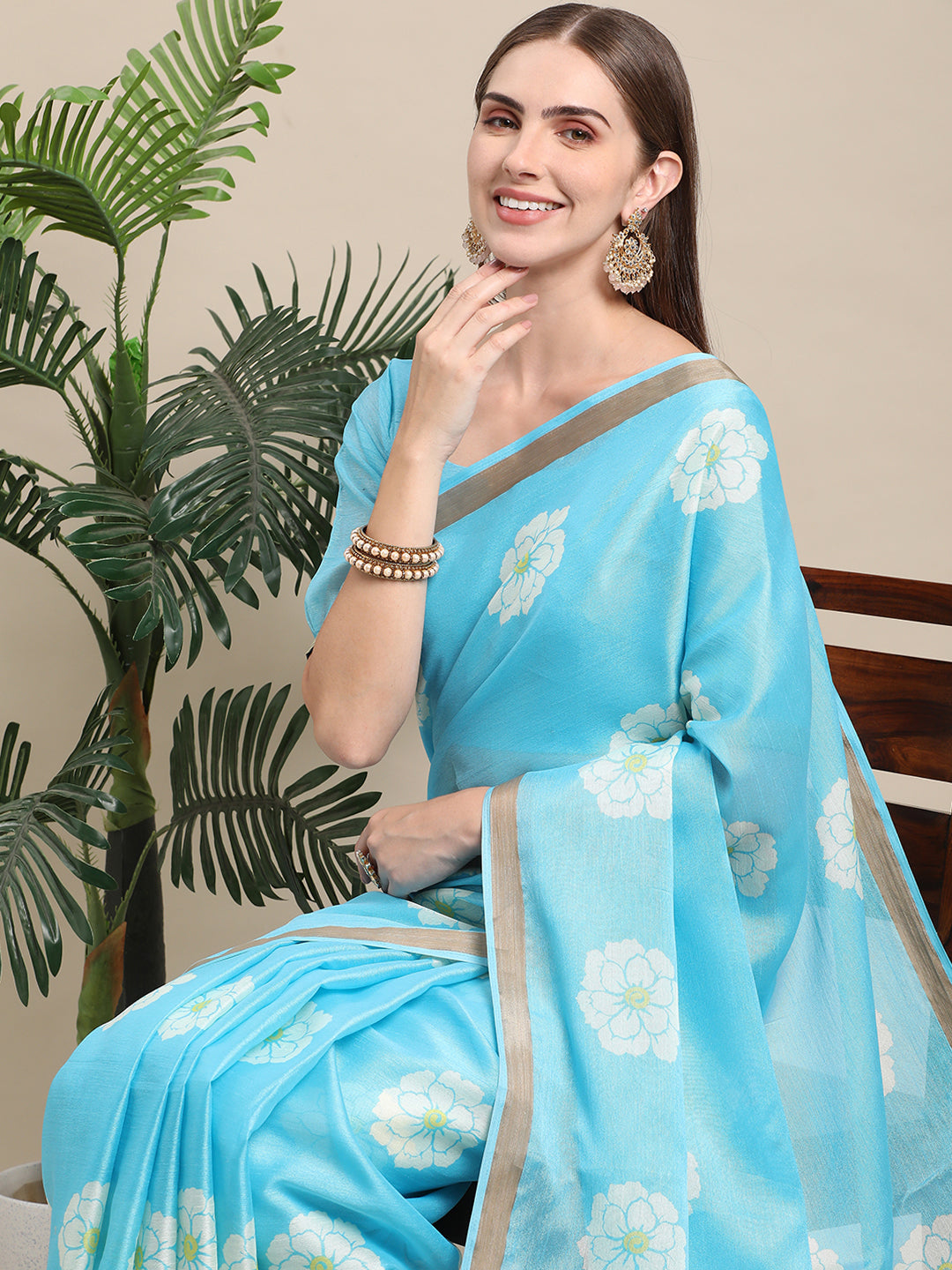 Sky Blue Linen Printed Office Wear Saree