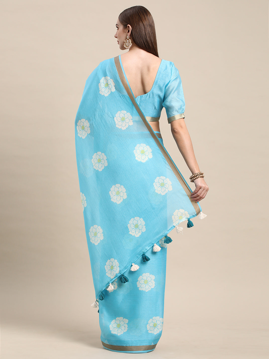 Sky Blue Linen Printed Office Wear Saree