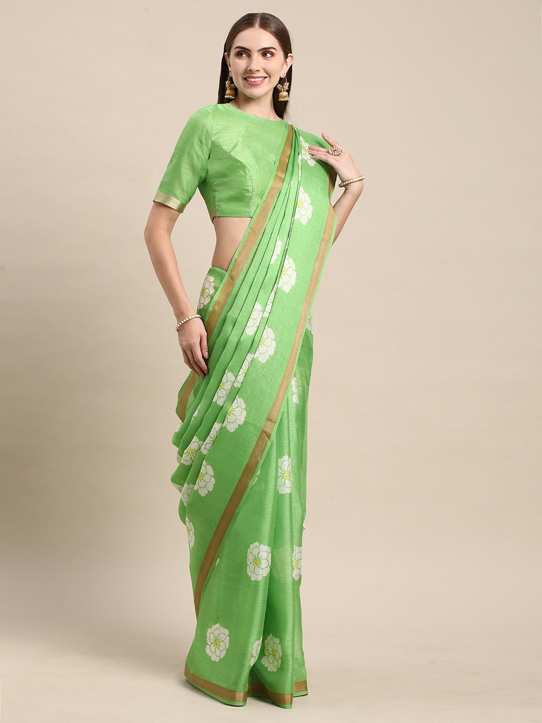Green Linen Cotton Printed Saree For Daily Wear