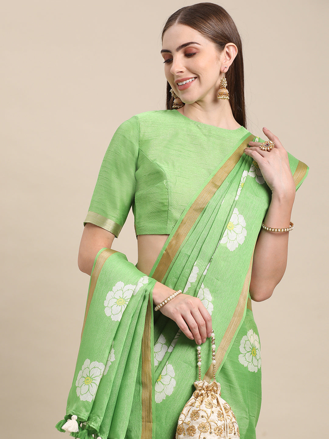 Green Linen Cotton Printed Saree For Daily Wear
