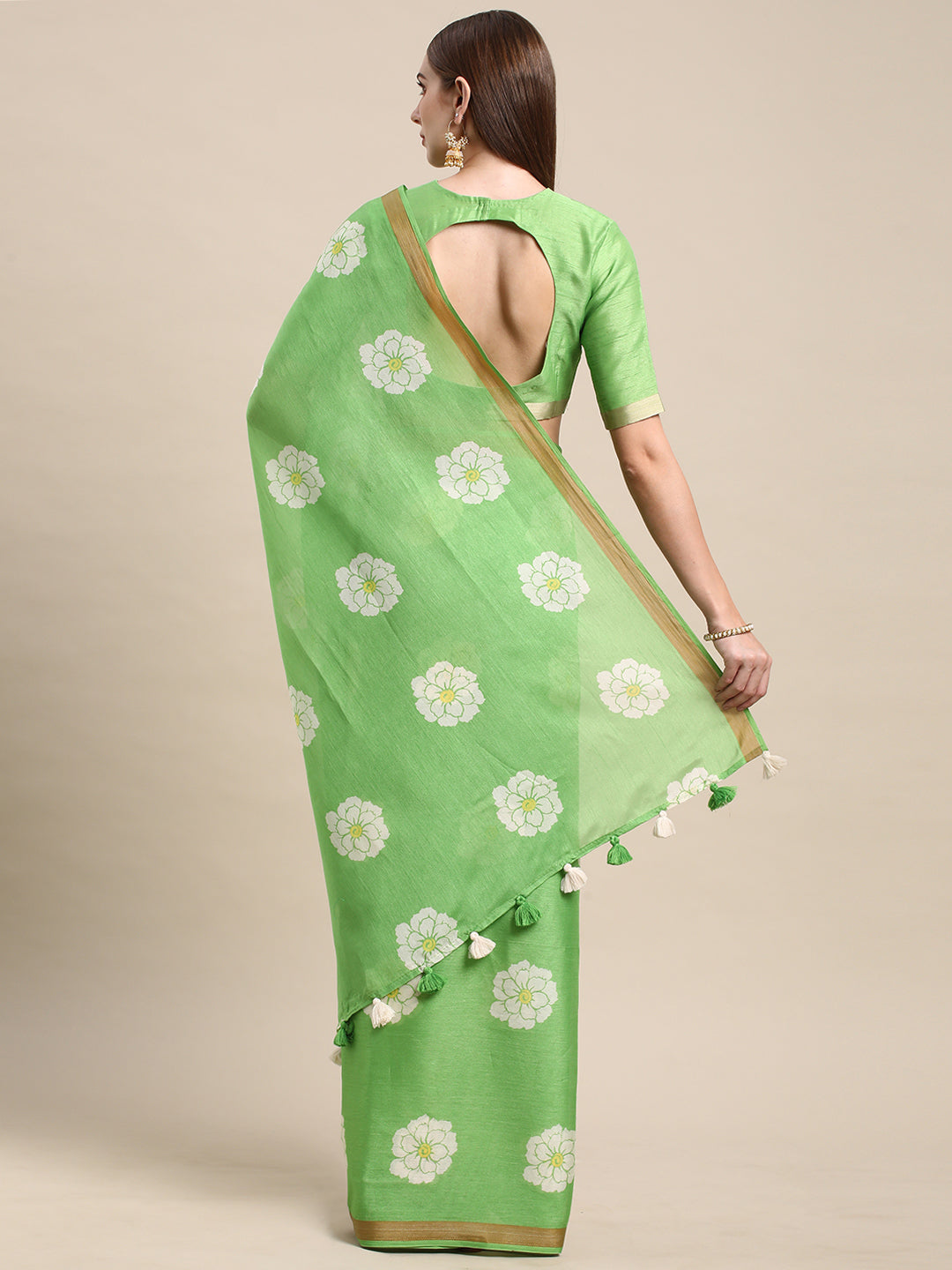 Green Linen Cotton Printed Saree For Daily Wear