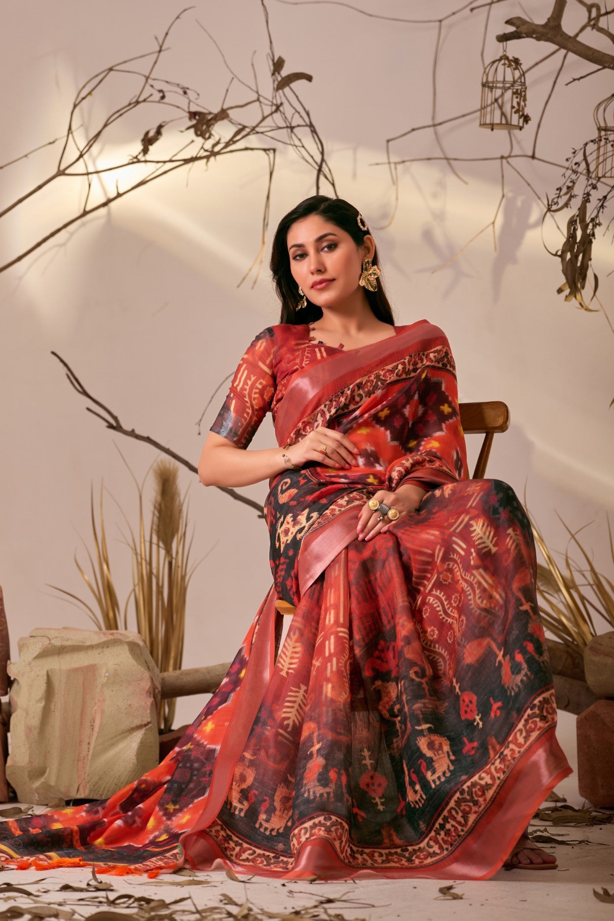 Red Linen Cotton Saree with Digital Print