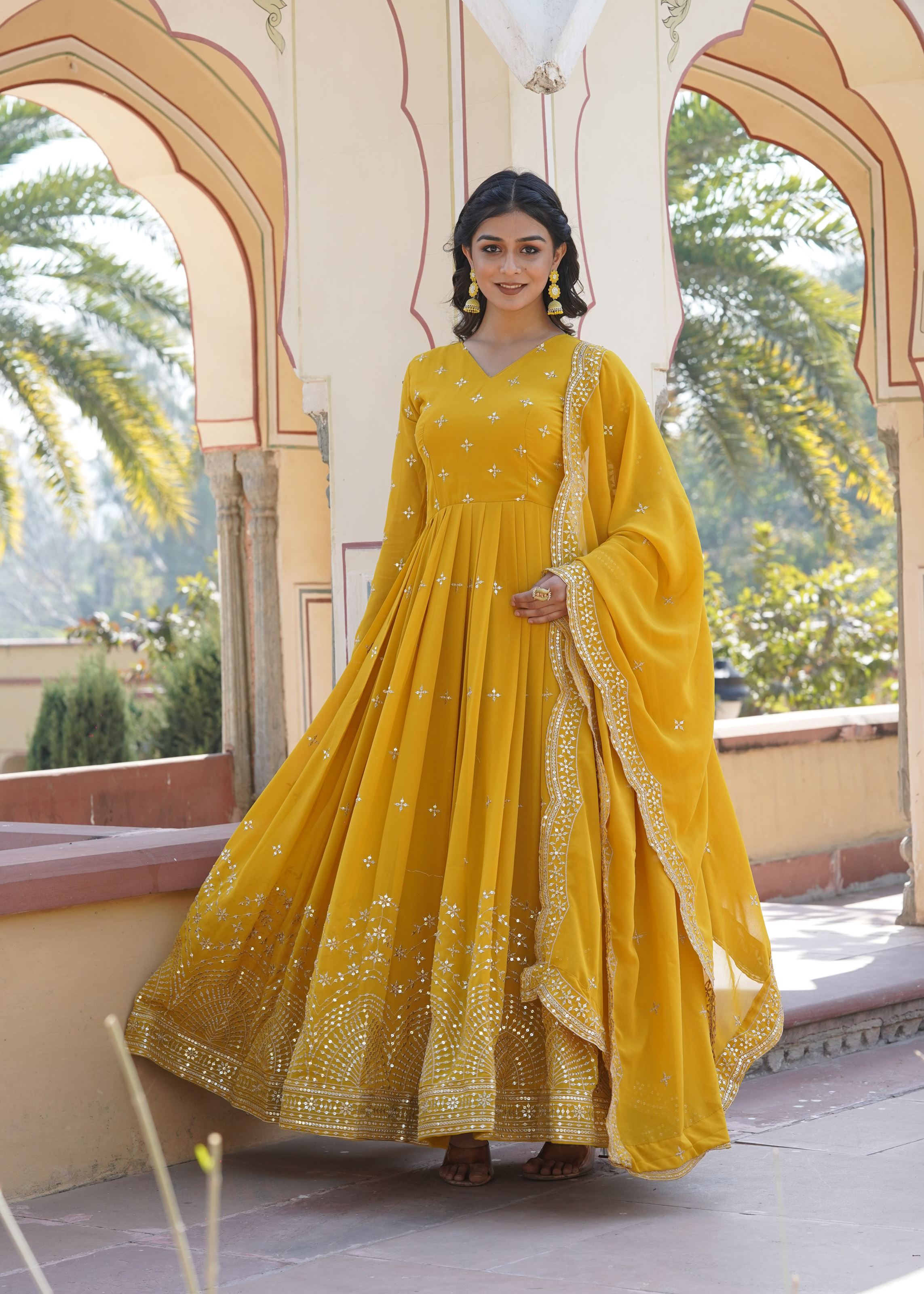 Mustard Faux Georgette Suit With Printed