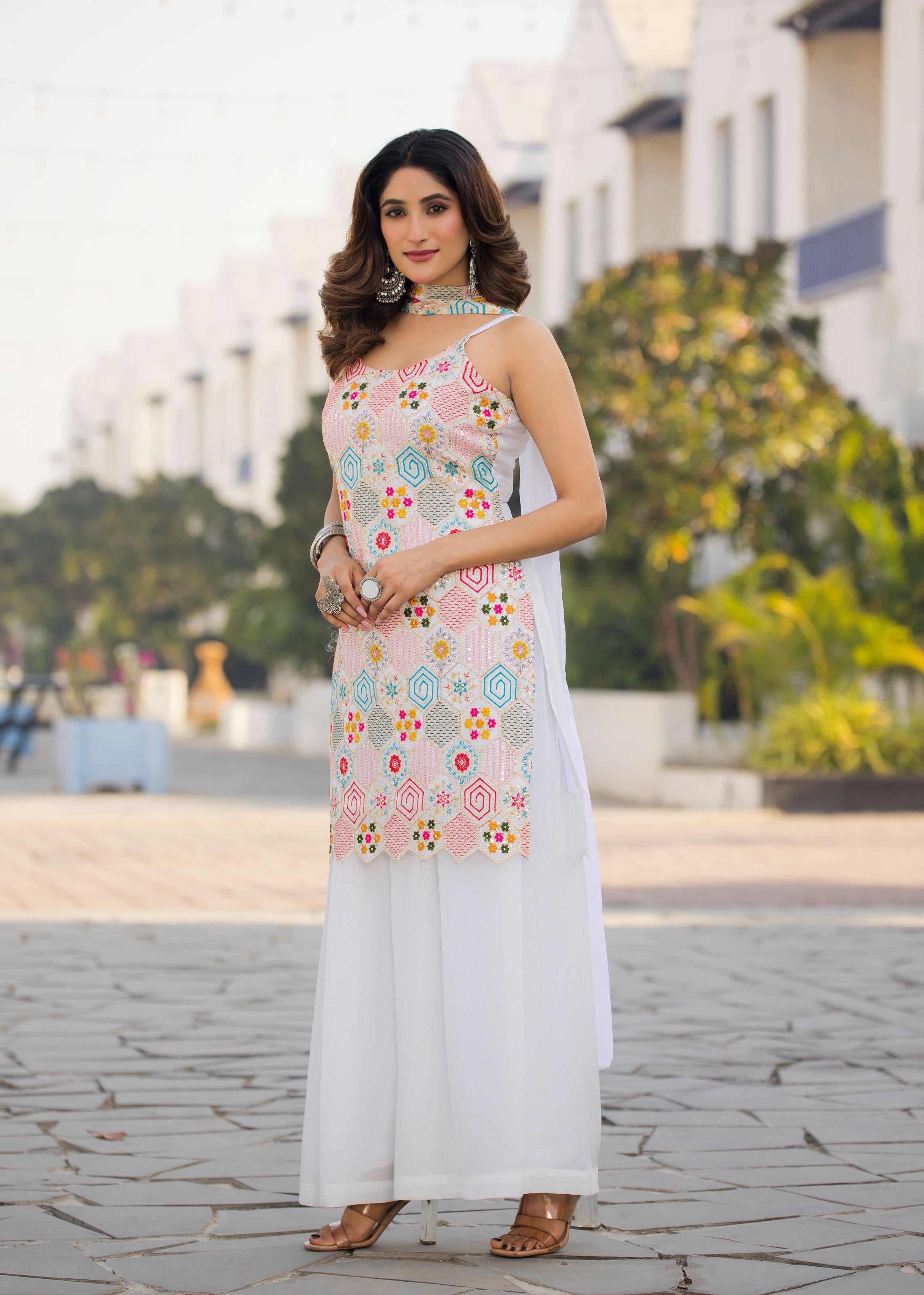 White Sharara Dress With Embroidery Work