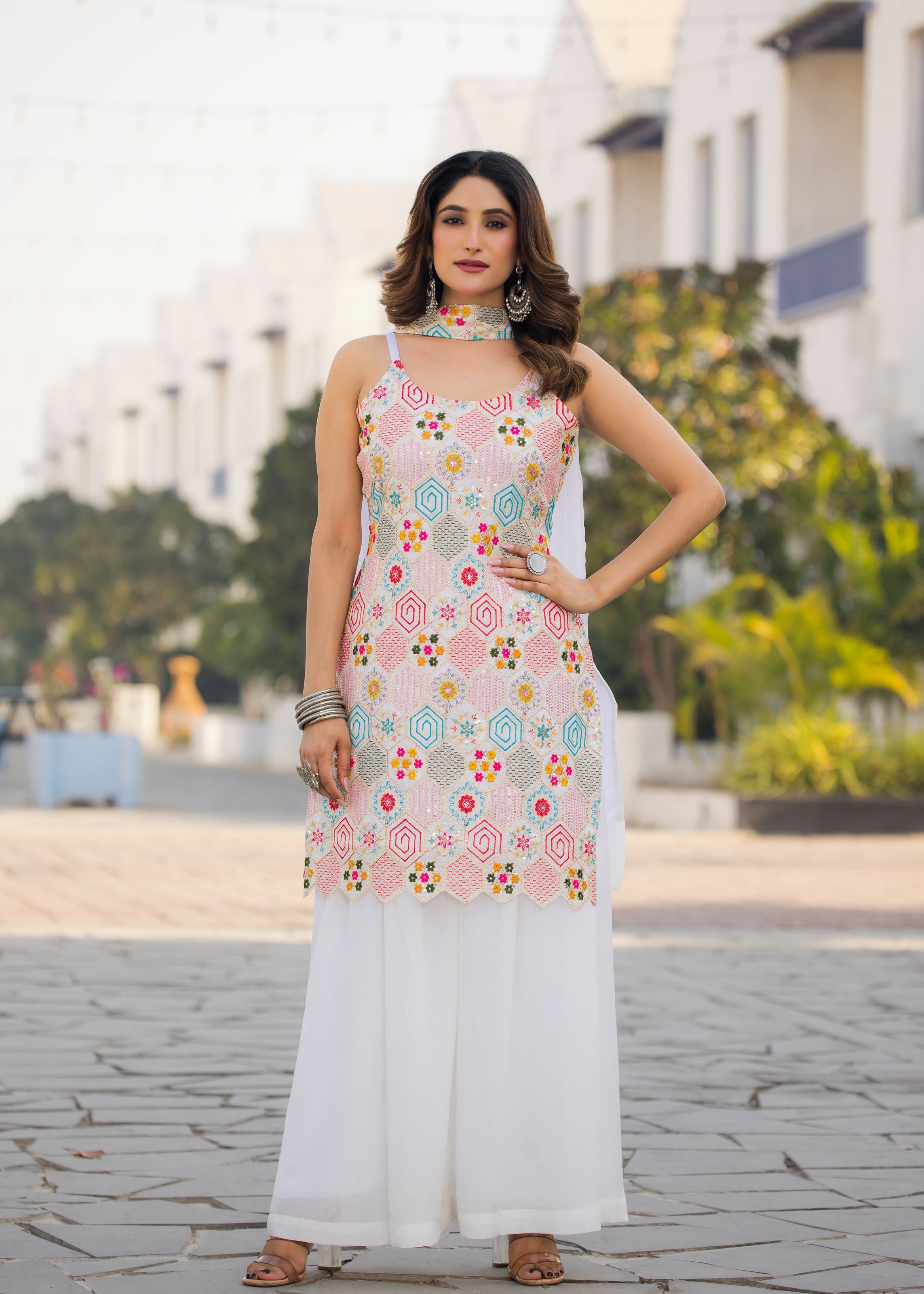 White Sharara Dress With Embroidery Work