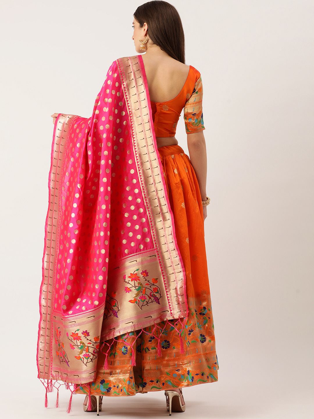 A Royal Hue Of Orange Paithani-Inspired Jacquard Lehenga With Detailed Zari Craftsmanship