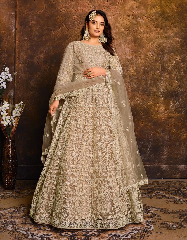 Beige Net Heavy Thread Embroidery Work  Anarkali Suits