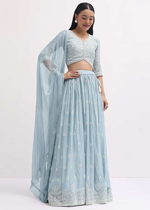 Adorable Blue Thread Embroidered Georgette Party Wear Lehenga Choli