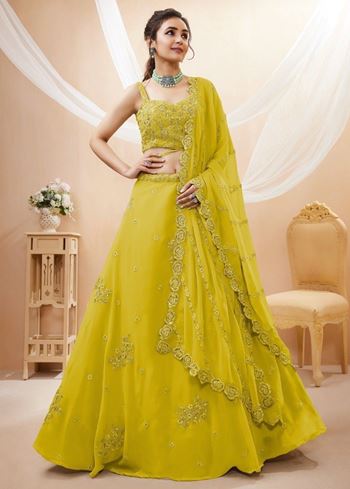 Adorable Neon Yellow Sequins Georgette Wedding Wear Lehenga Choli