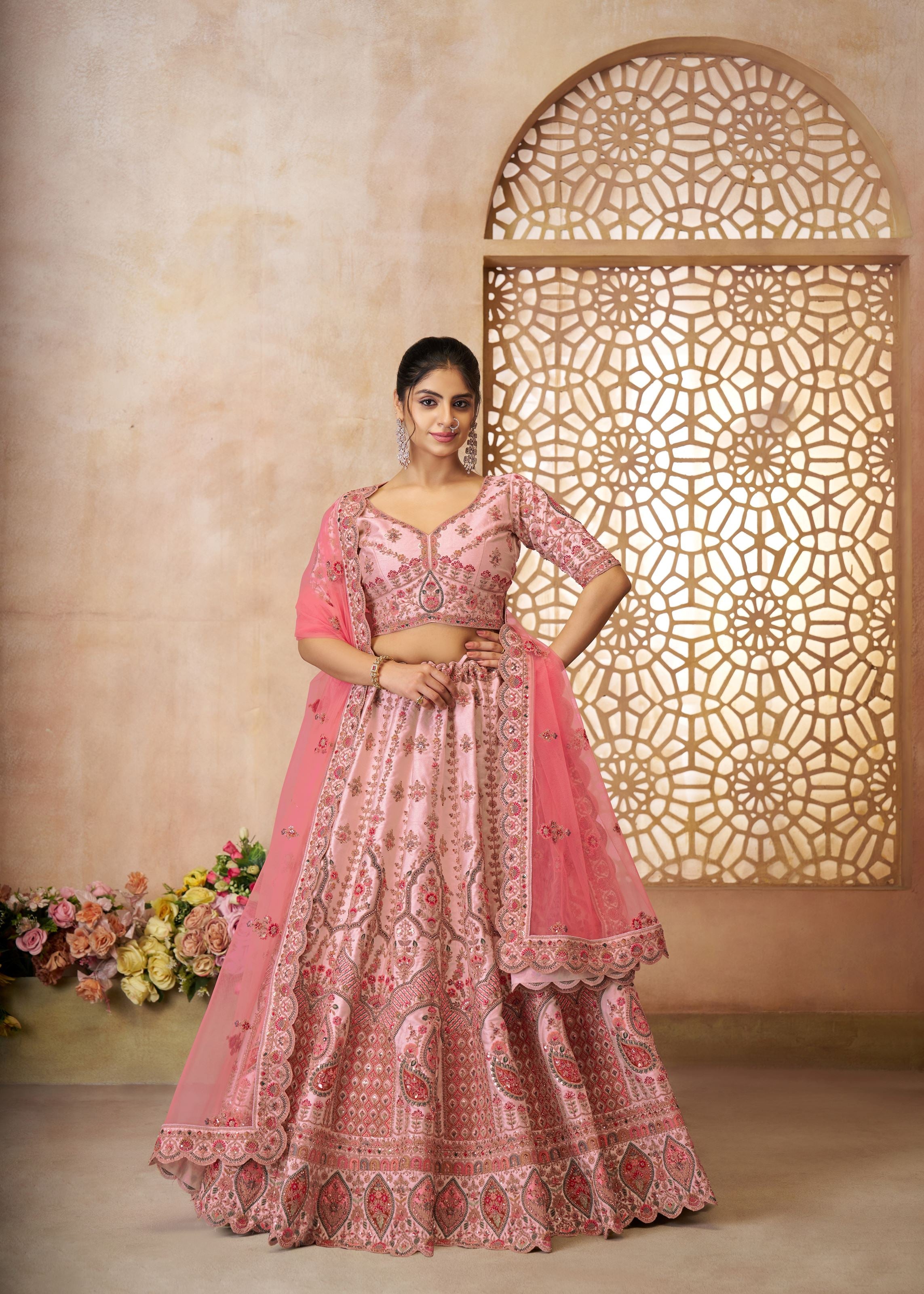Adorable Pink Silk  Embroidery Wedding Wear Lehenga Choli