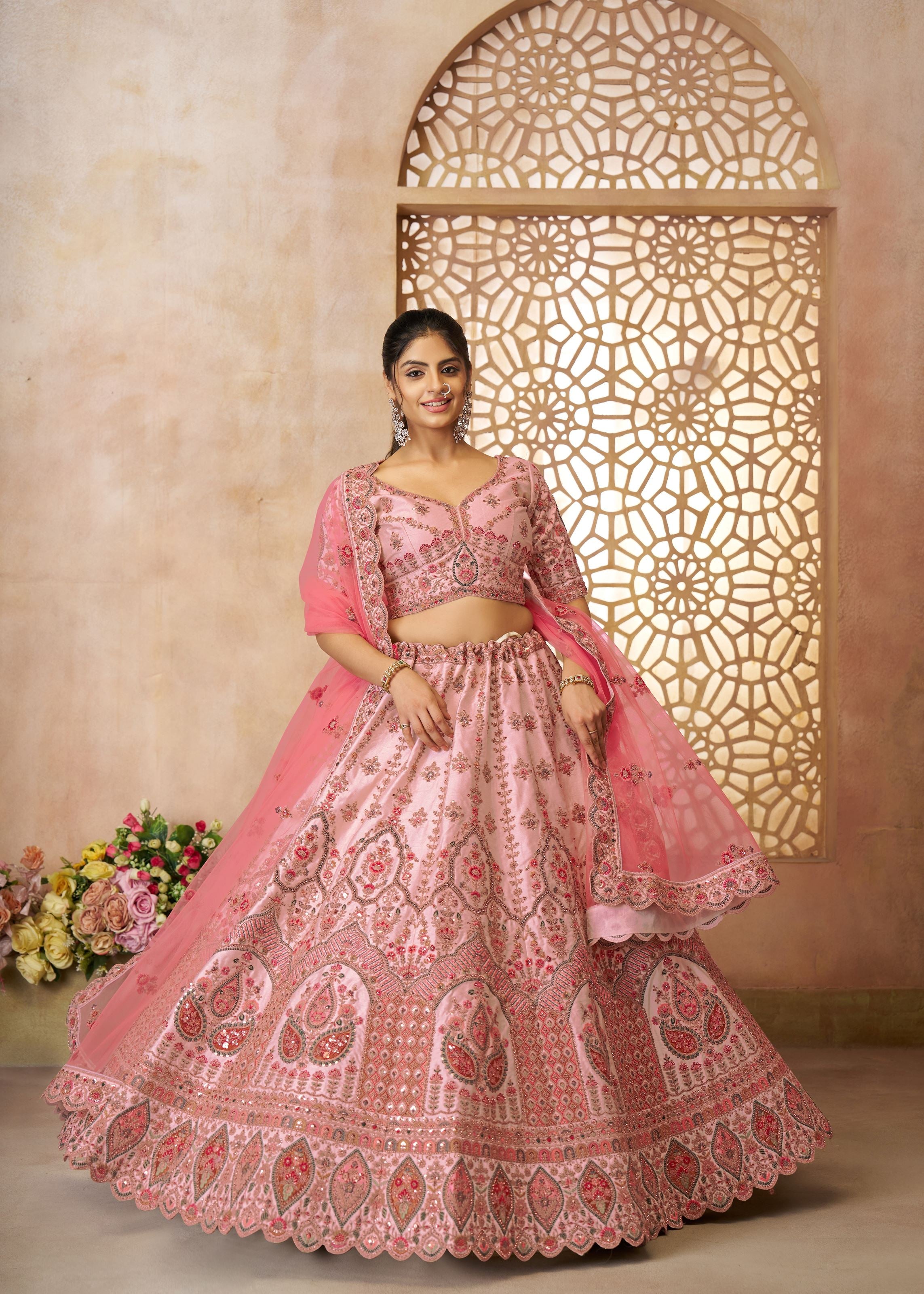 Adorable Pink Silk  Embroidery Wedding Wear Lehenga Choli