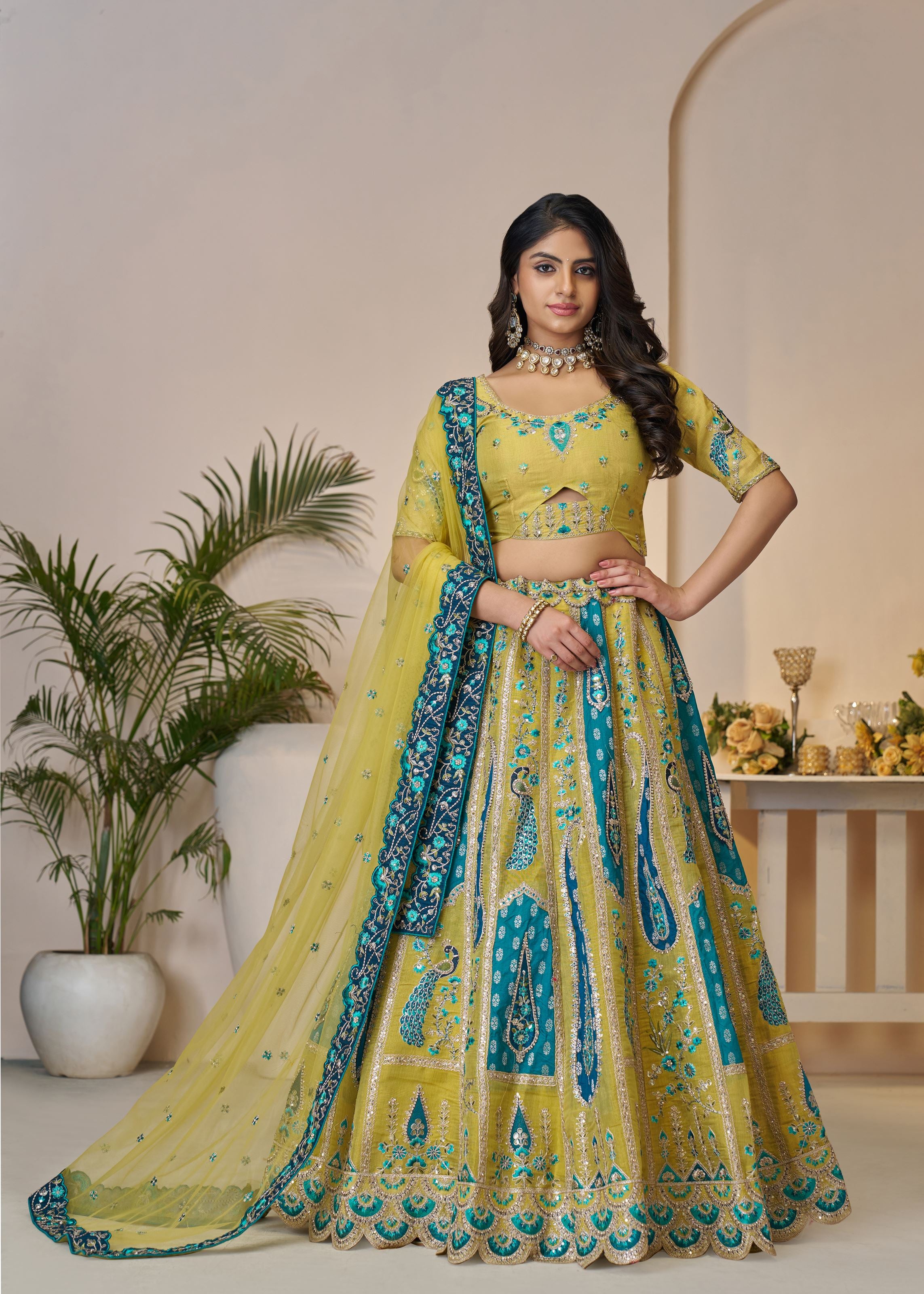 Alluring Bel Butti Pattern Golden Sangeet Lehenga Choli