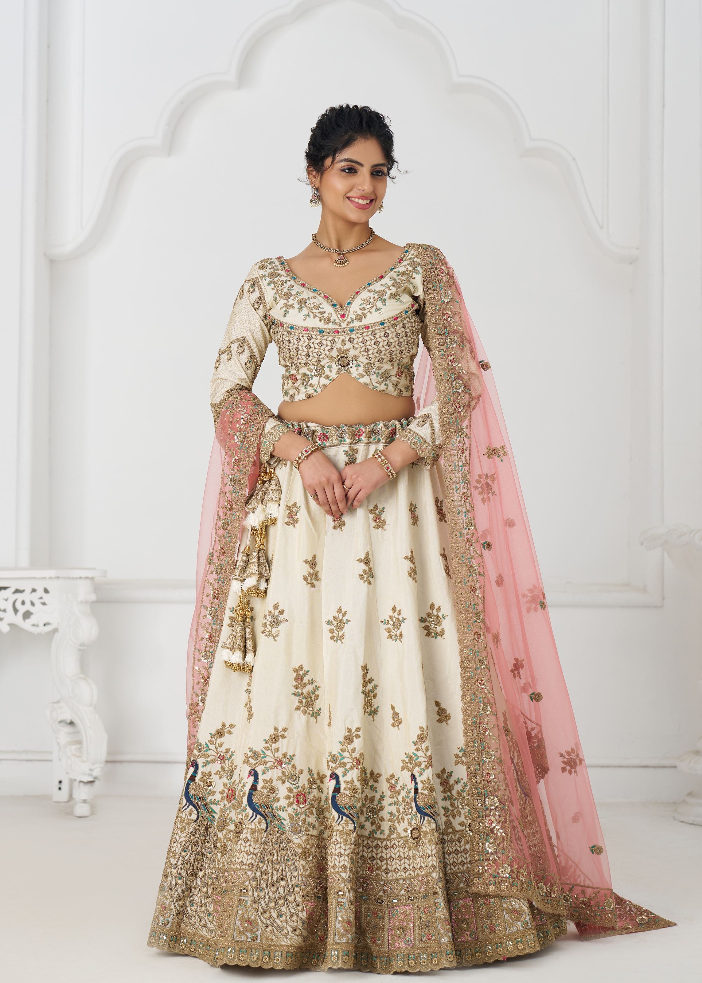 Amazing White Embroidered Zari Silk Designer Bridal Lehenga