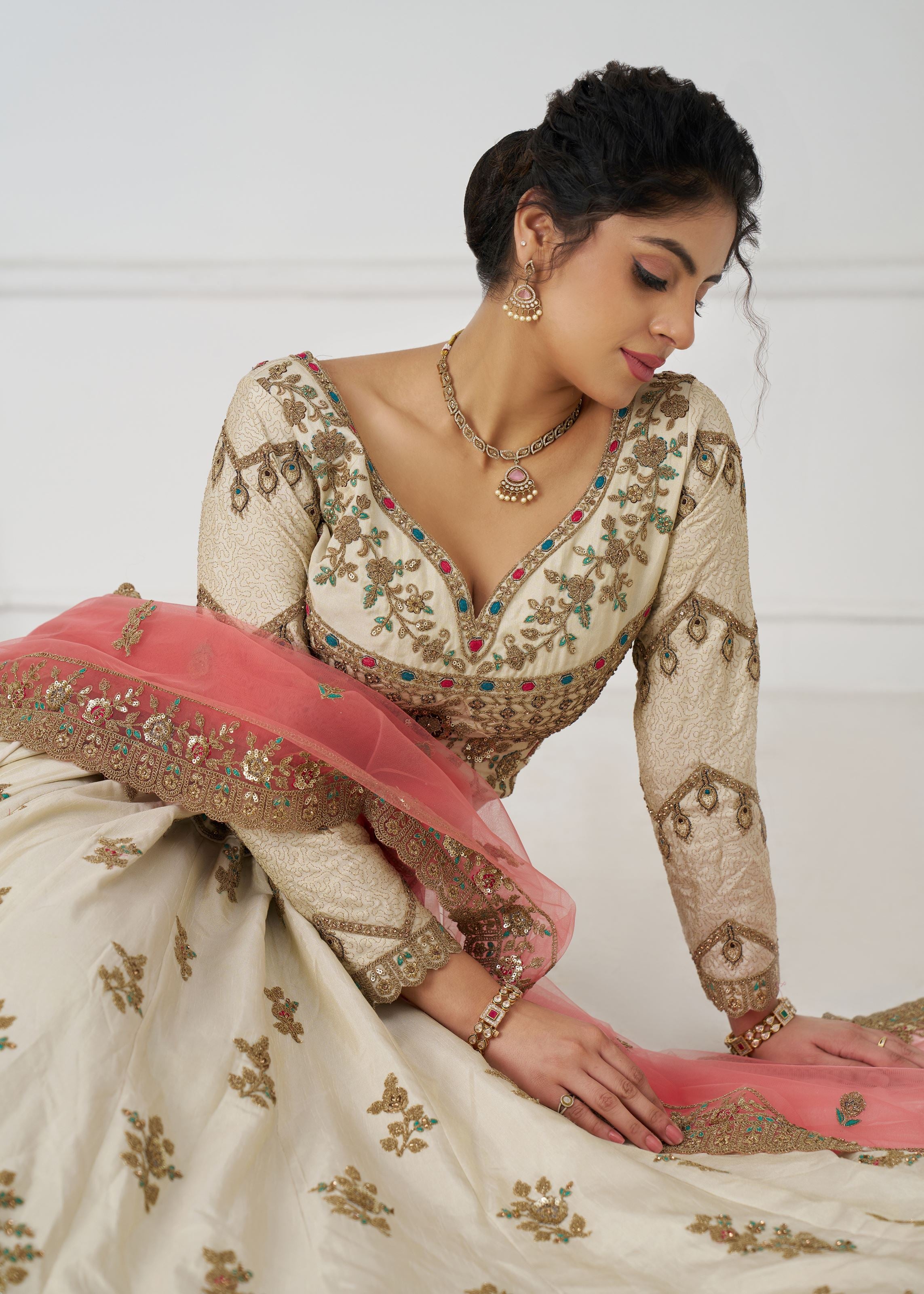 Amazing White Embroidered Zari Silk Designer Bridal Lehenga