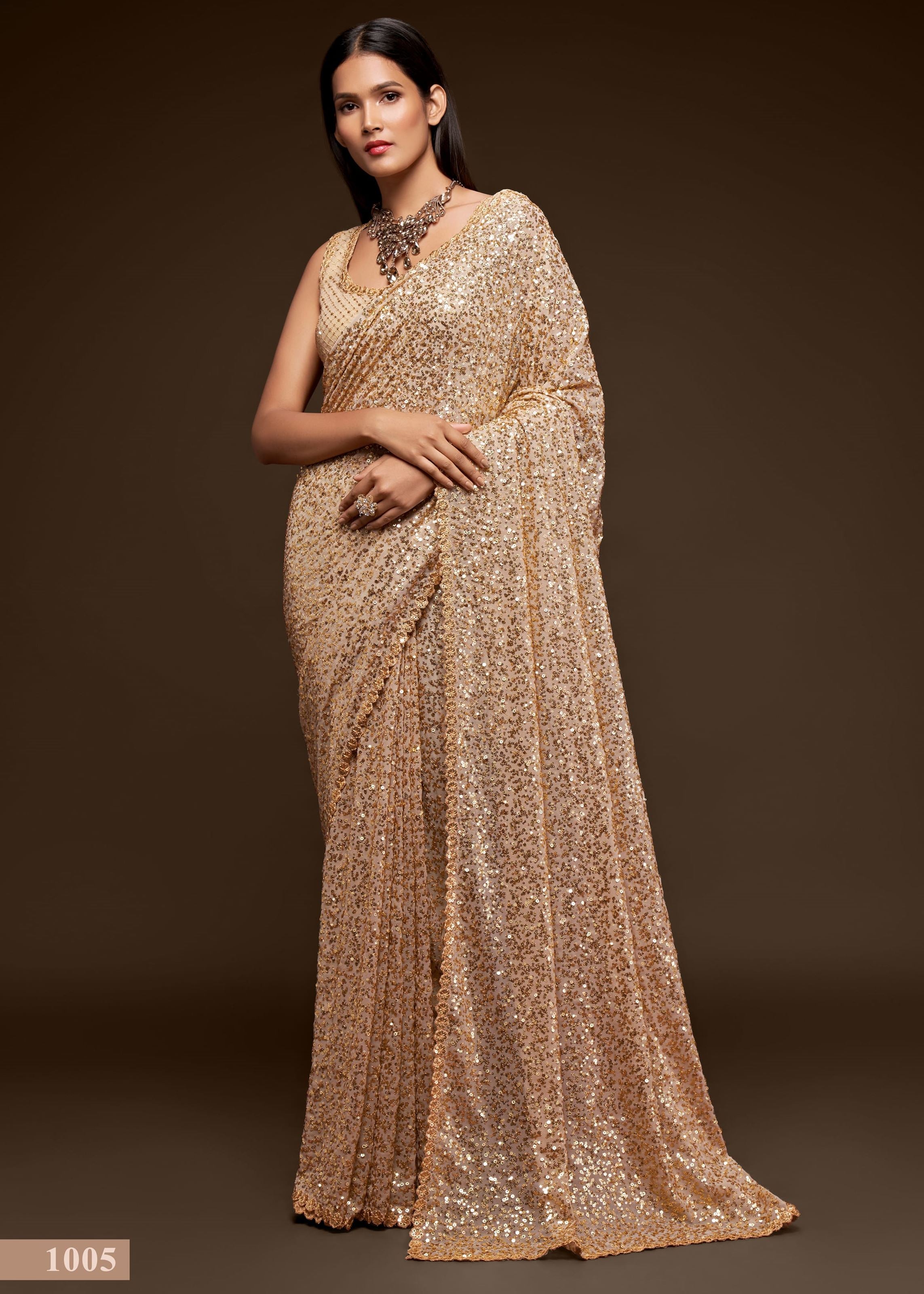 Ancient Ivory Georgette Saree with Thread Embroidery and Sequins Work