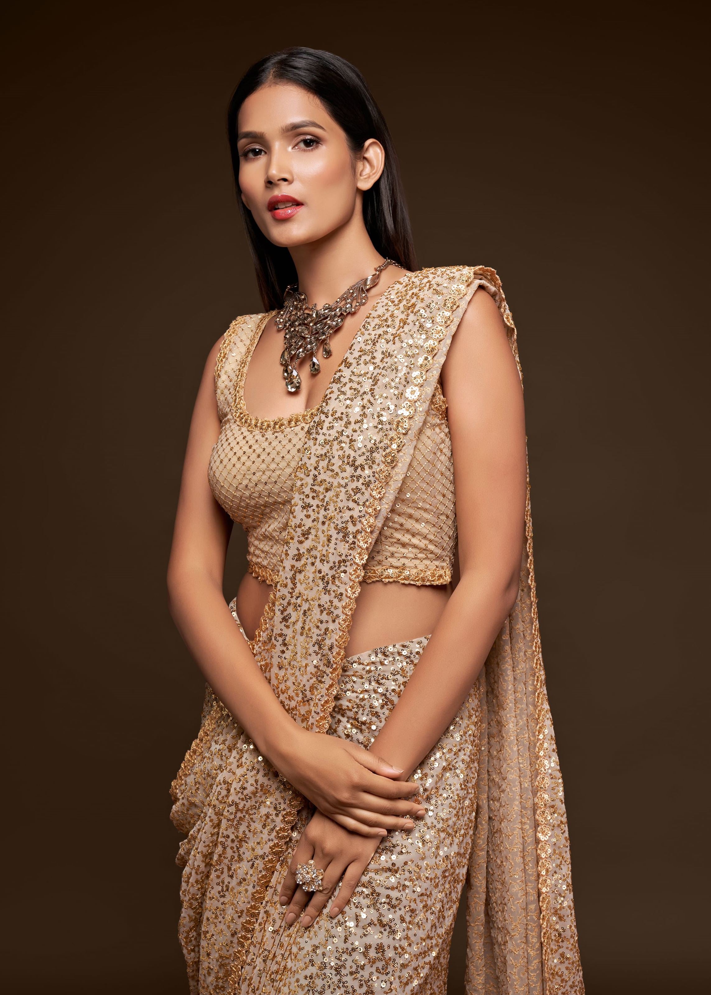 Ancient Ivory Georgette Saree with Thread Embroidery and Sequins Work