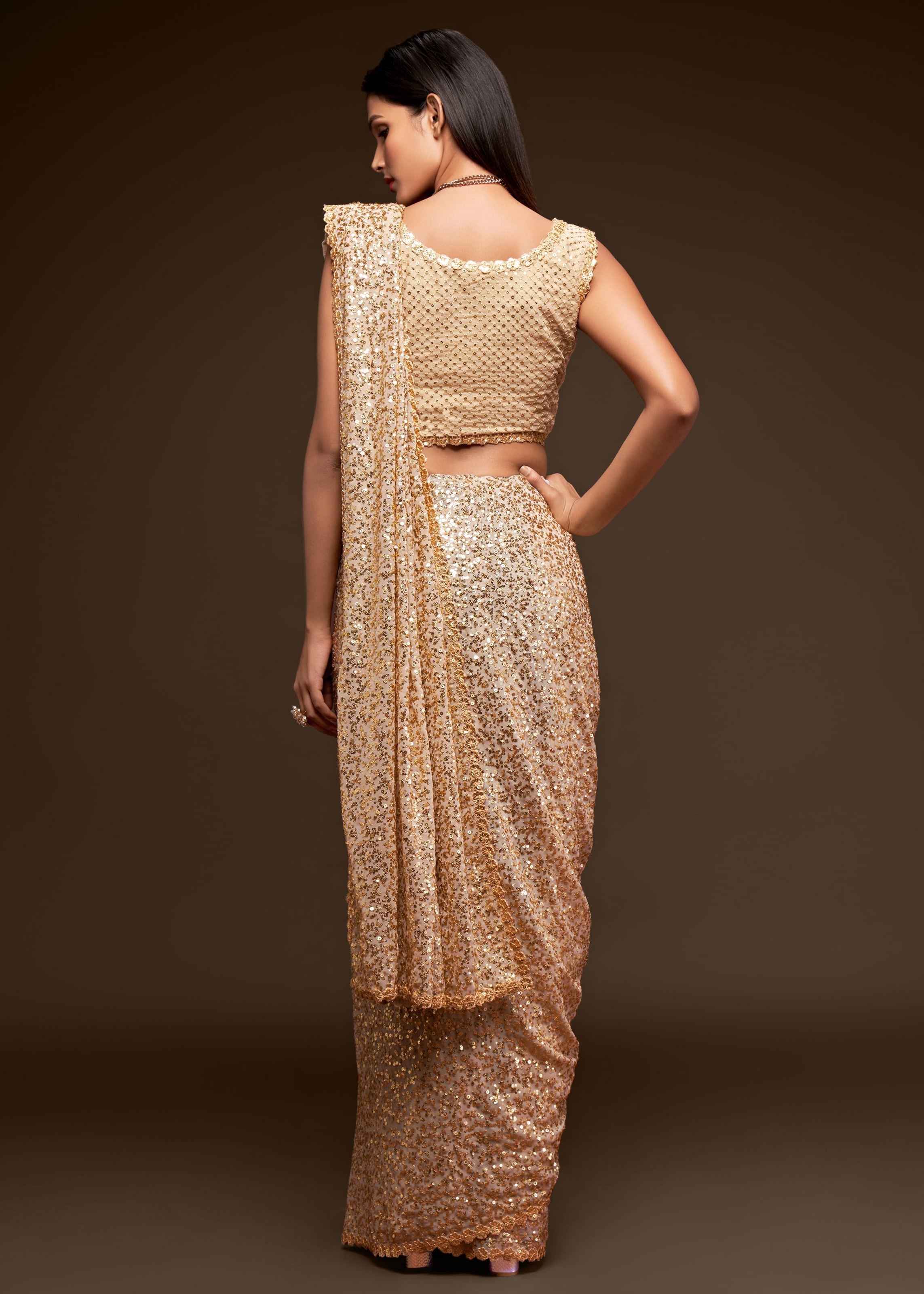 Ancient Ivory Georgette Saree with Thread Embroidery and Sequins Work