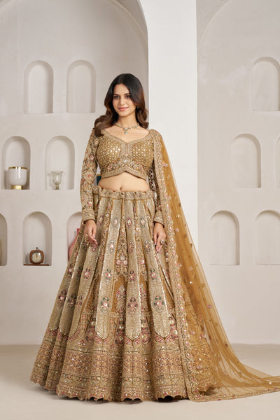 Antique Gold Net Royal Bridal Lehenga Choli with Designer Embellishments