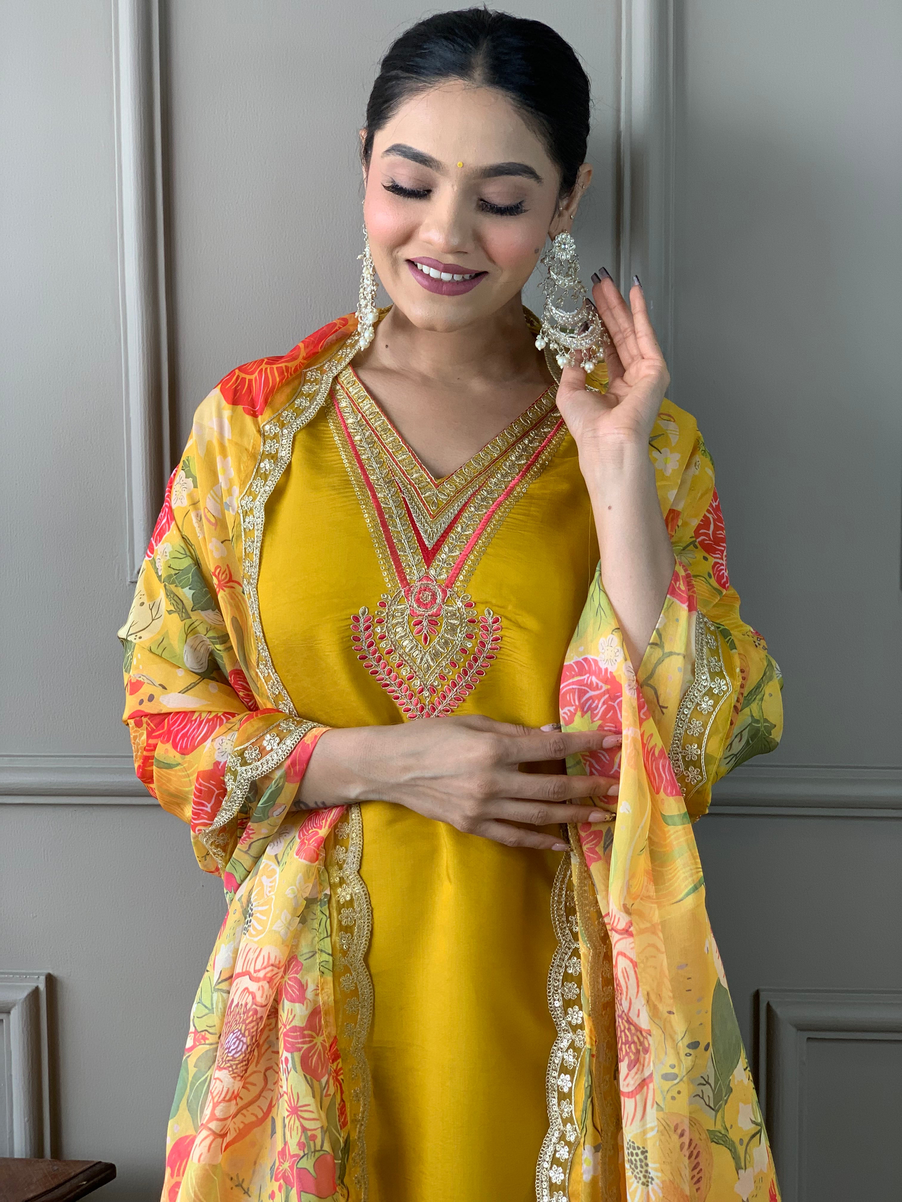 Mustard Chanderi Elegant Kurta Pant Set With Embroidery Work
