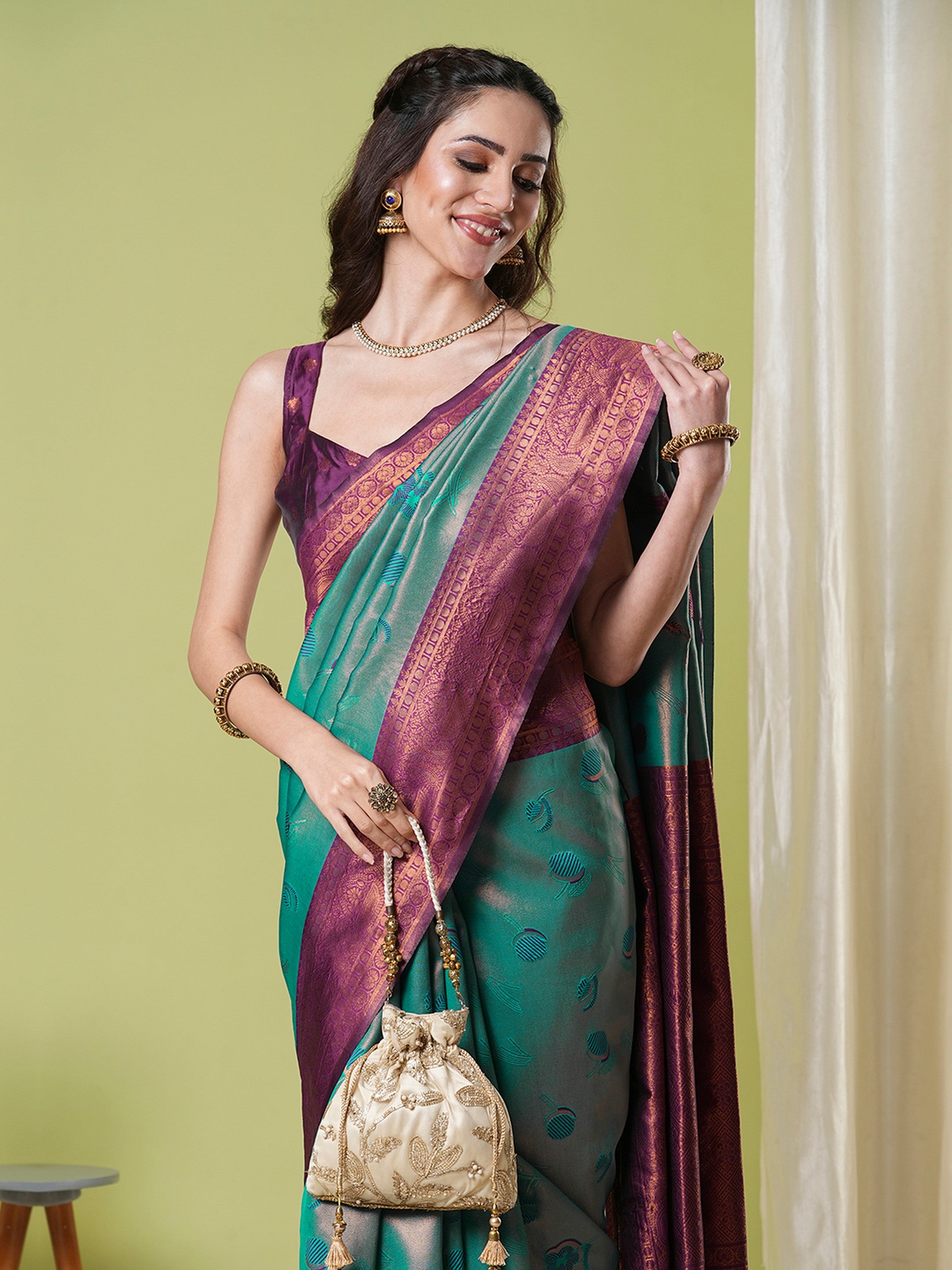 Aqua Banarasi Silk Saree With Beautiful Jacquard Designer Work