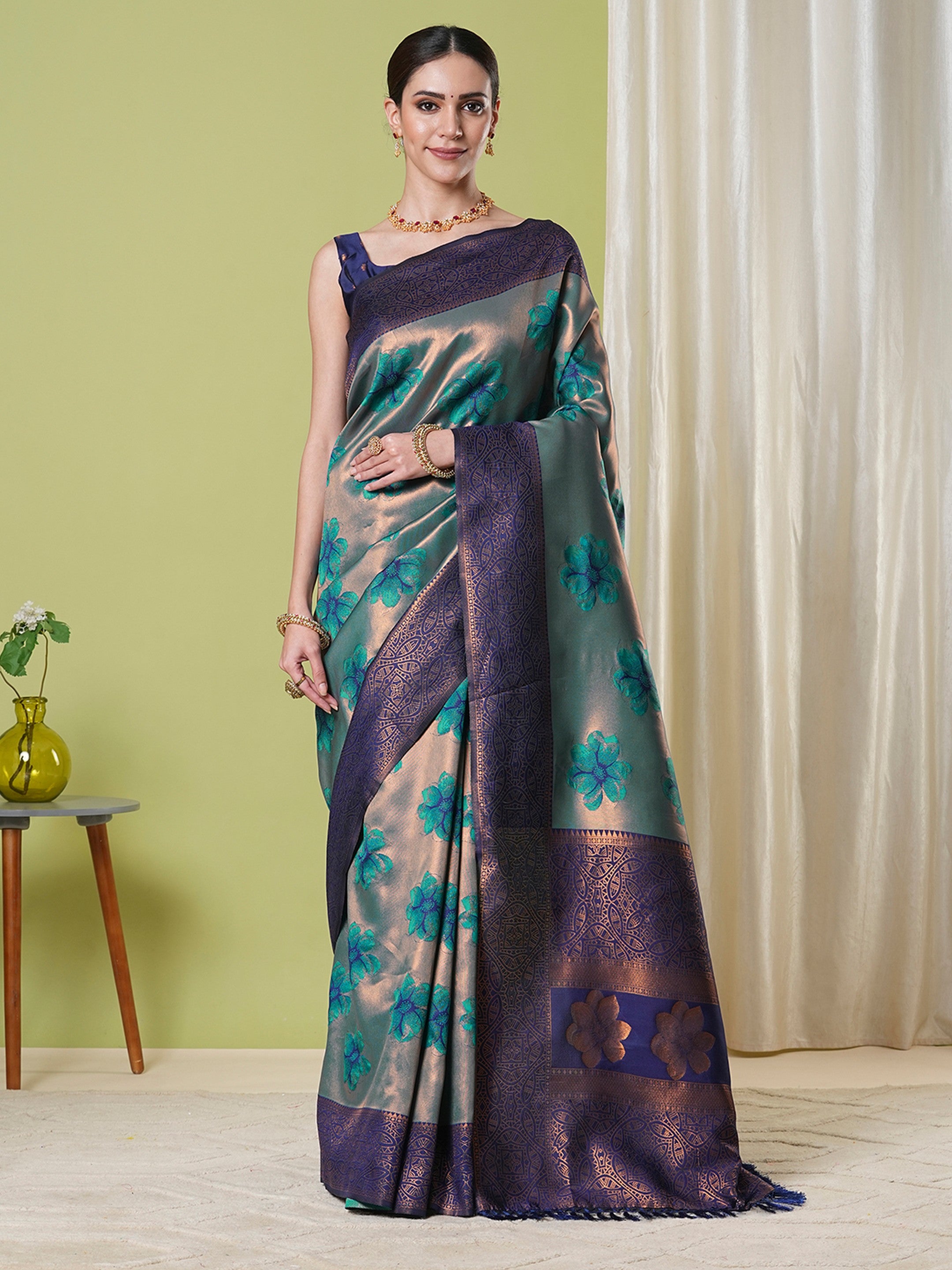 Aqua Banarasi Silk Woven Jacquard Designer Partywear Saree