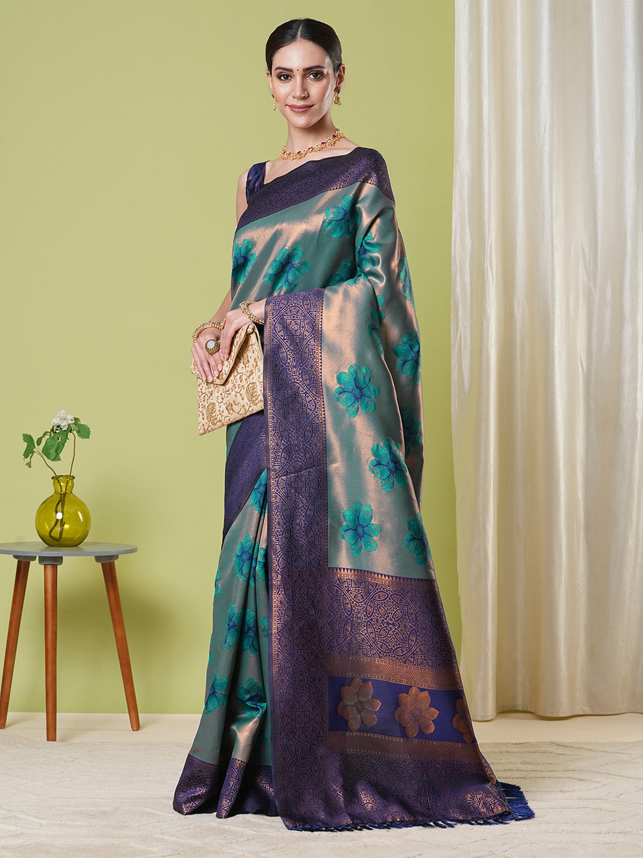 Aqua Banarasi Silk Woven Jacquard Designer Partywear Saree