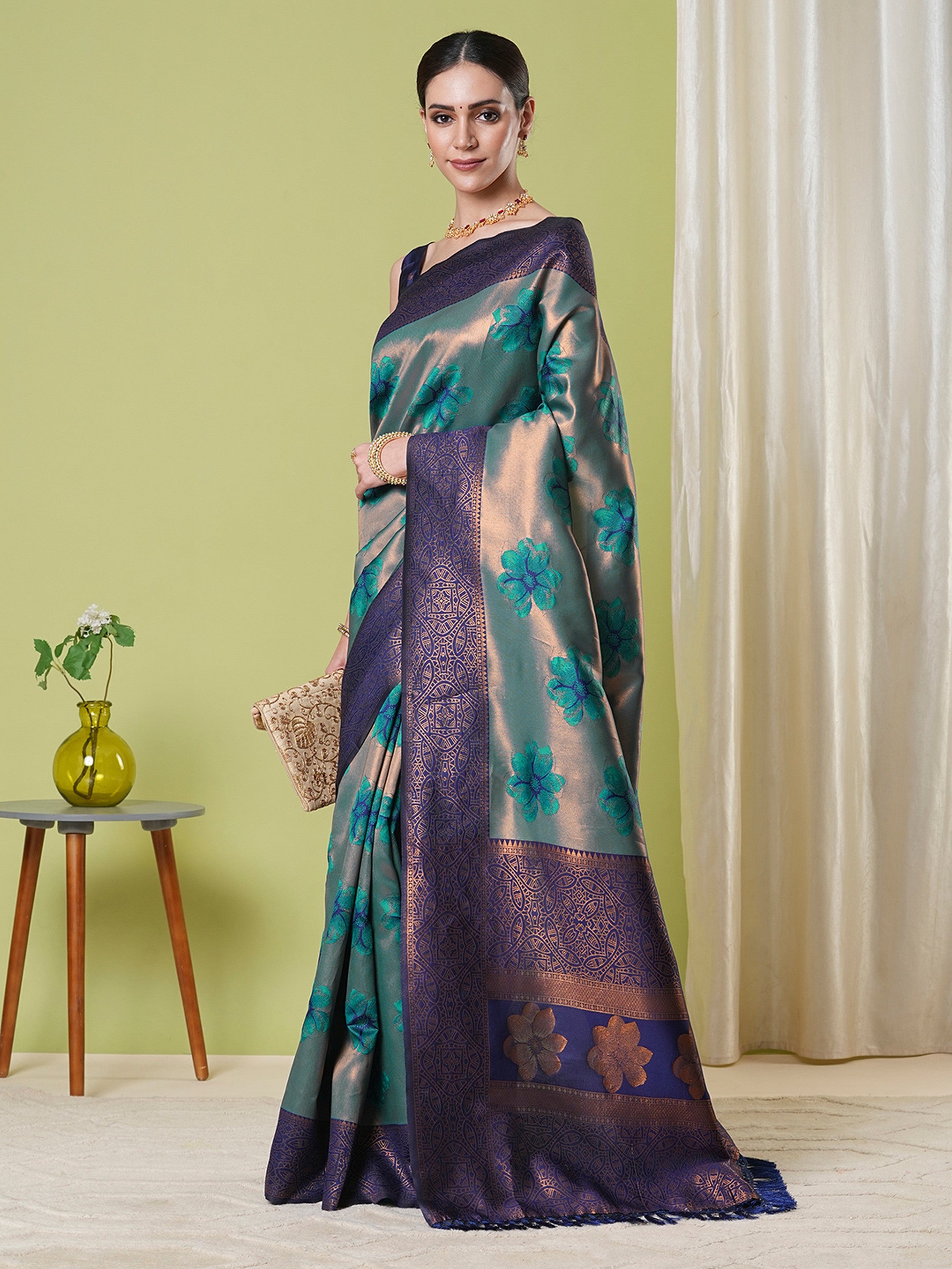 Aqua Banarasi Silk Woven Jacquard Designer Partywear Saree