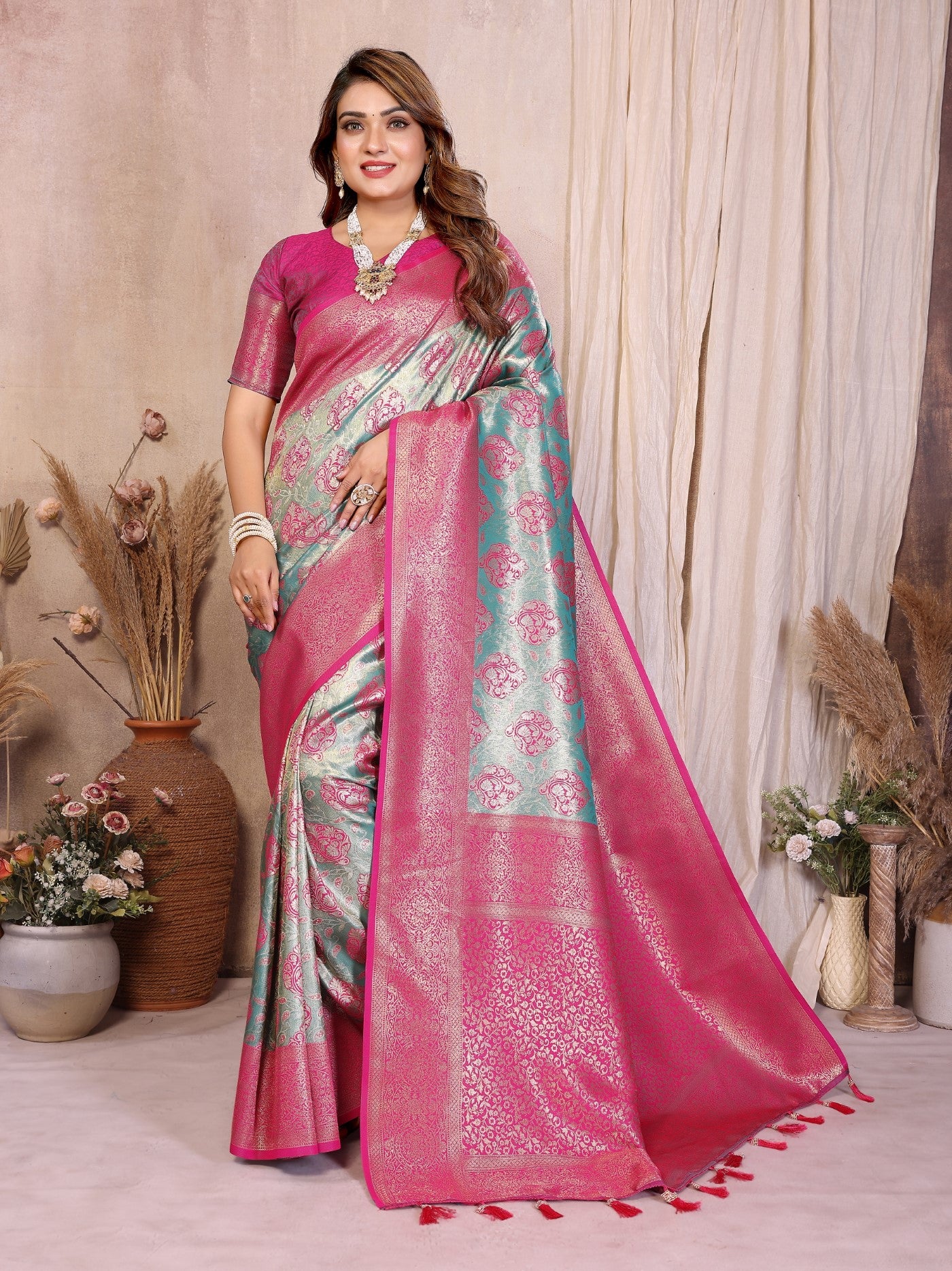 Aqua Banarasi Tissue Silk Saree With Traditional Weaving