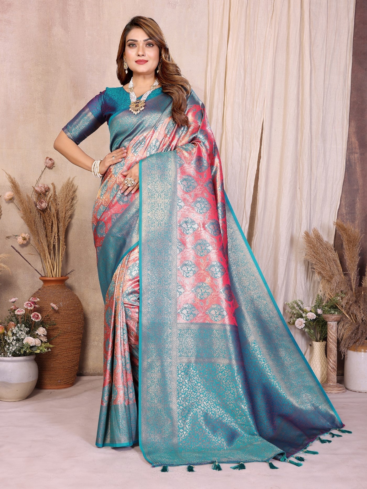 Aqua Banarasi Tissue Silk Saree With Traditional Weaving
