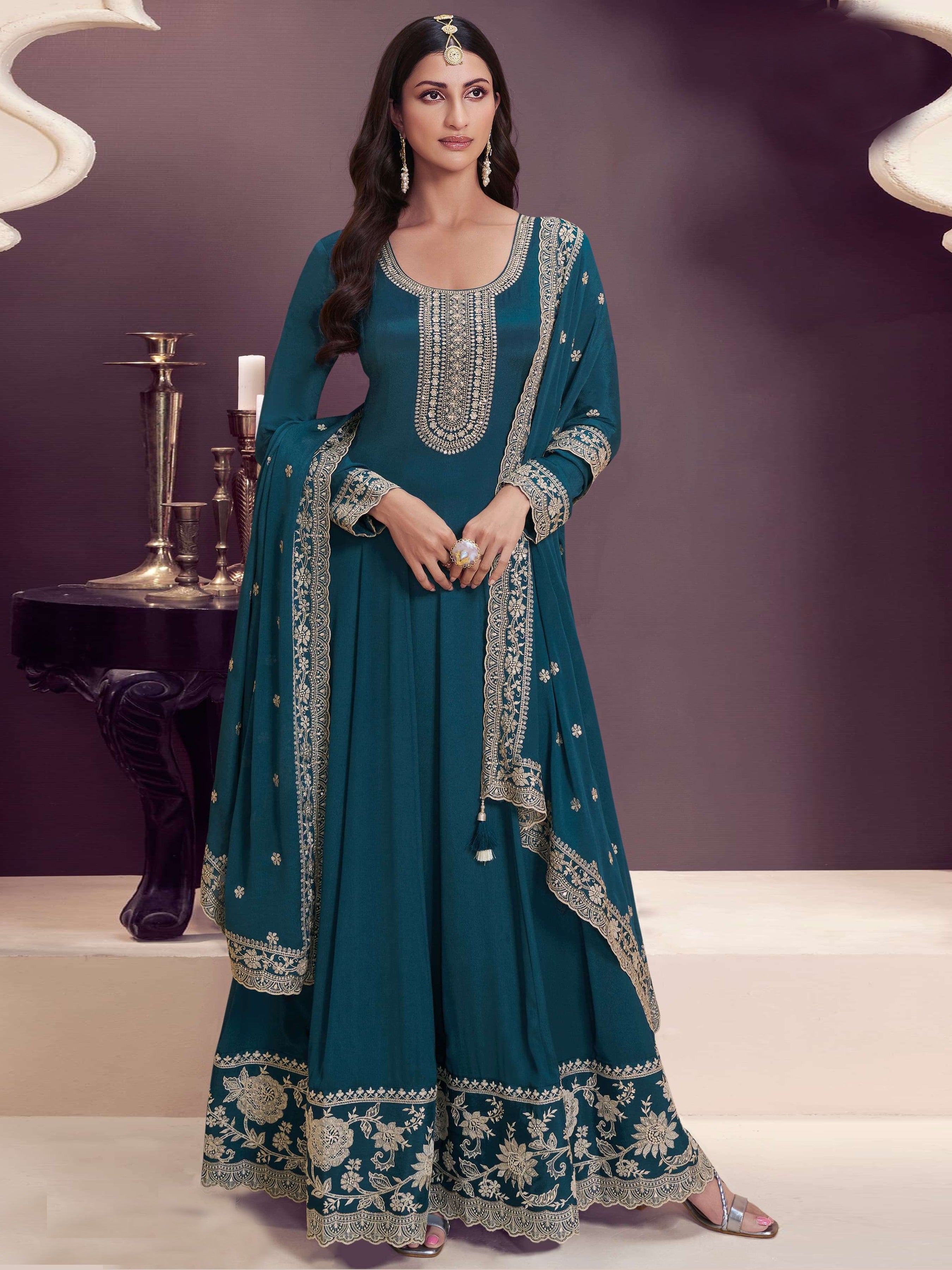 Aqua Blue Anarkali Suit With Heavy Embroidery Work