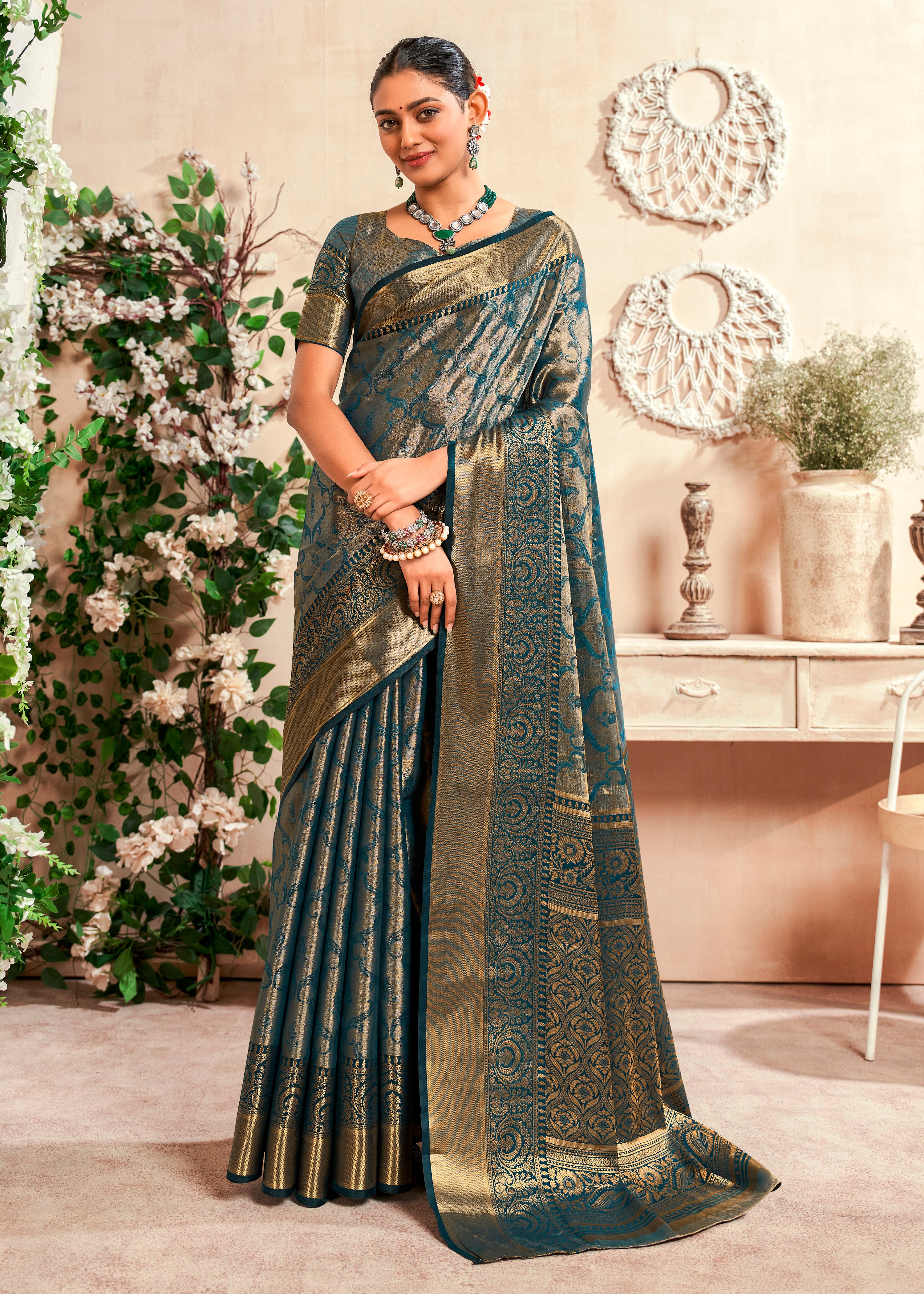 Aqua Blue Banarasi Silk Saree With  Zari Jacquard Woven Work