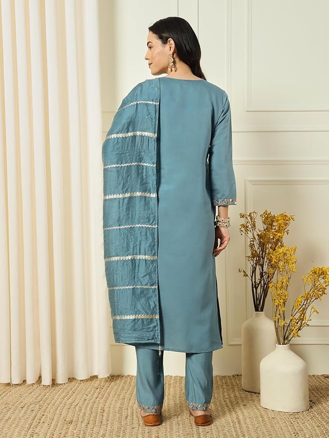 Aqua Blue Chanderi Kurta Pant Set With Embroidery Work