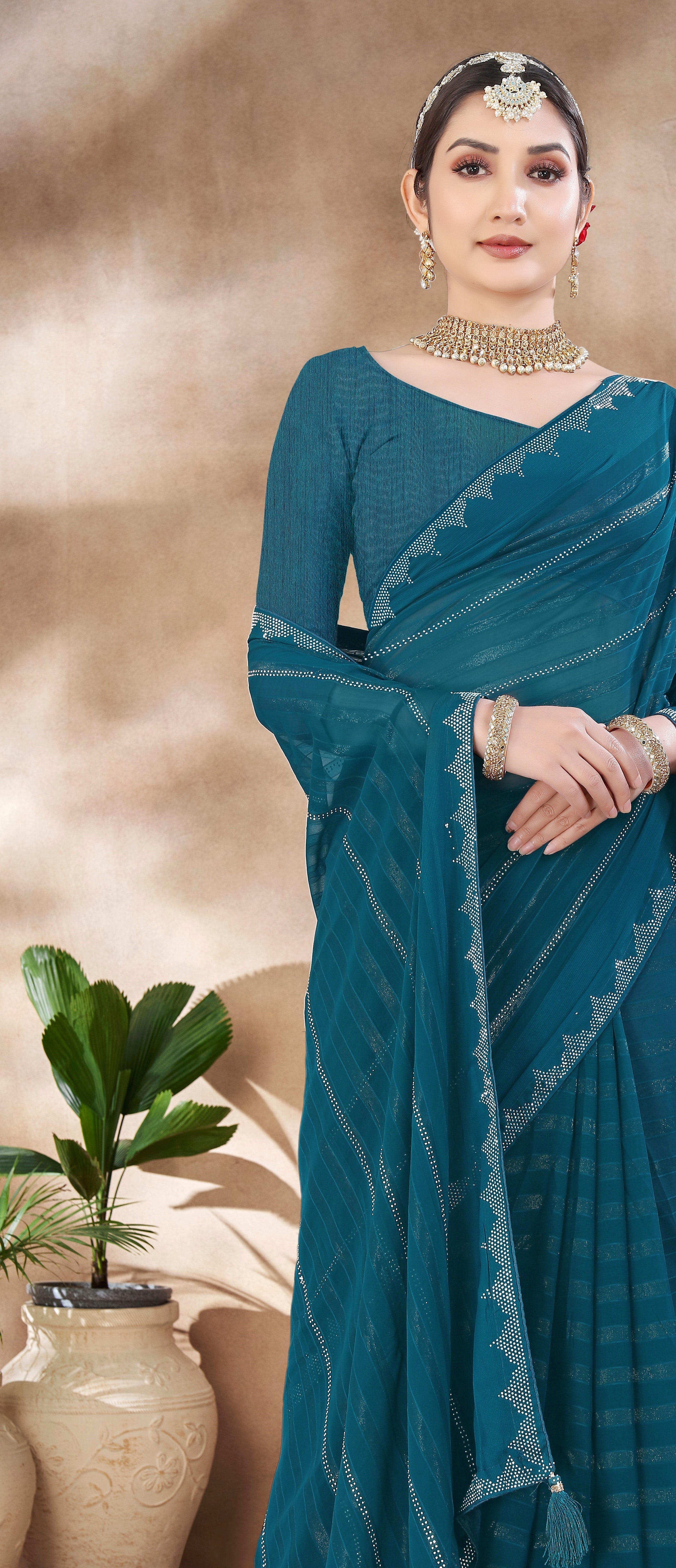 Aqua Blue Chiffon Saree With  Swarovski Diamond Work