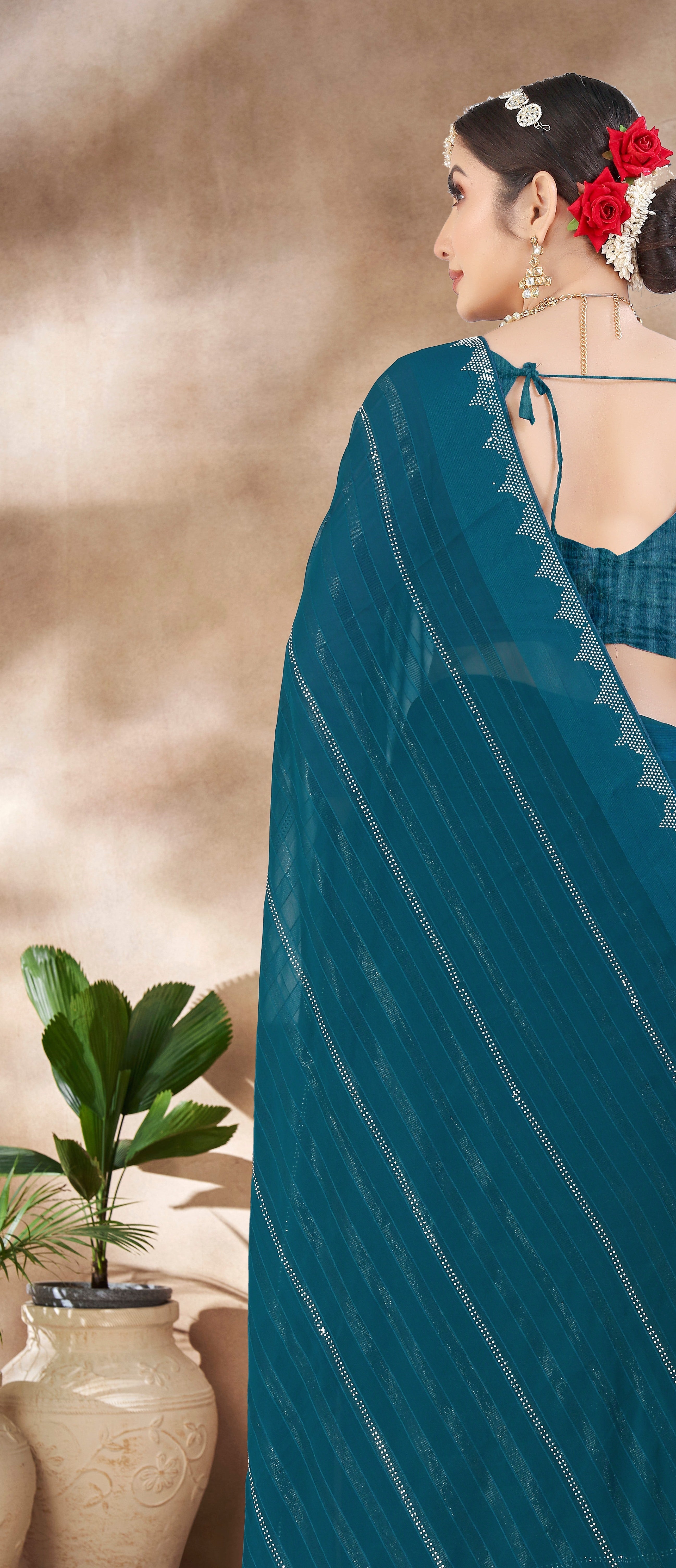 Aqua Blue Chiffon Saree With  Swarovski Diamond Work