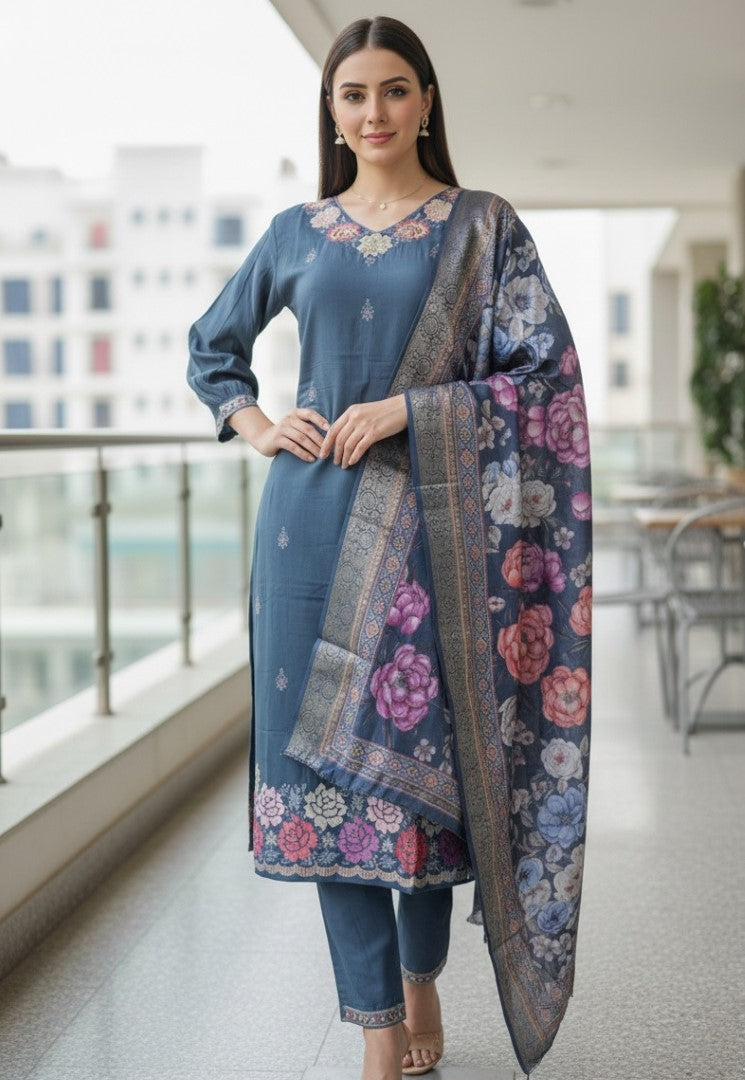 Aqua Blue Cotton Silk Designer Suit Set With Artisan Embroidery